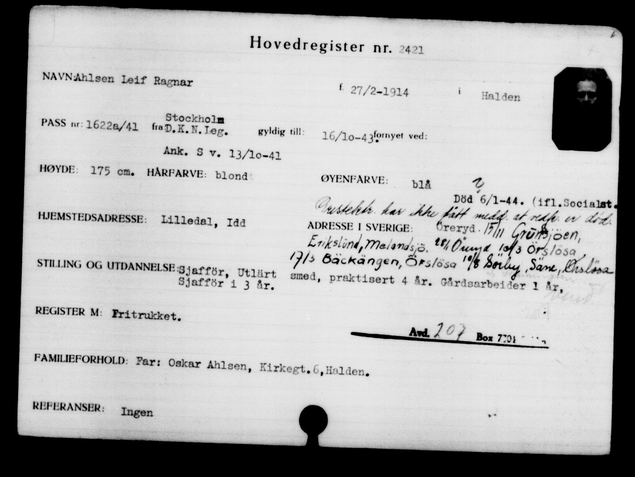 Utenriksstasjonene, Legasjonen i Stockholm, Flyktningkontoret, AV/RA-S-6753/V/Va/L0003: Kjesäterkartoteket, flyktninger med registreringsnr. 2001-3495, 1940-1945, s. 598