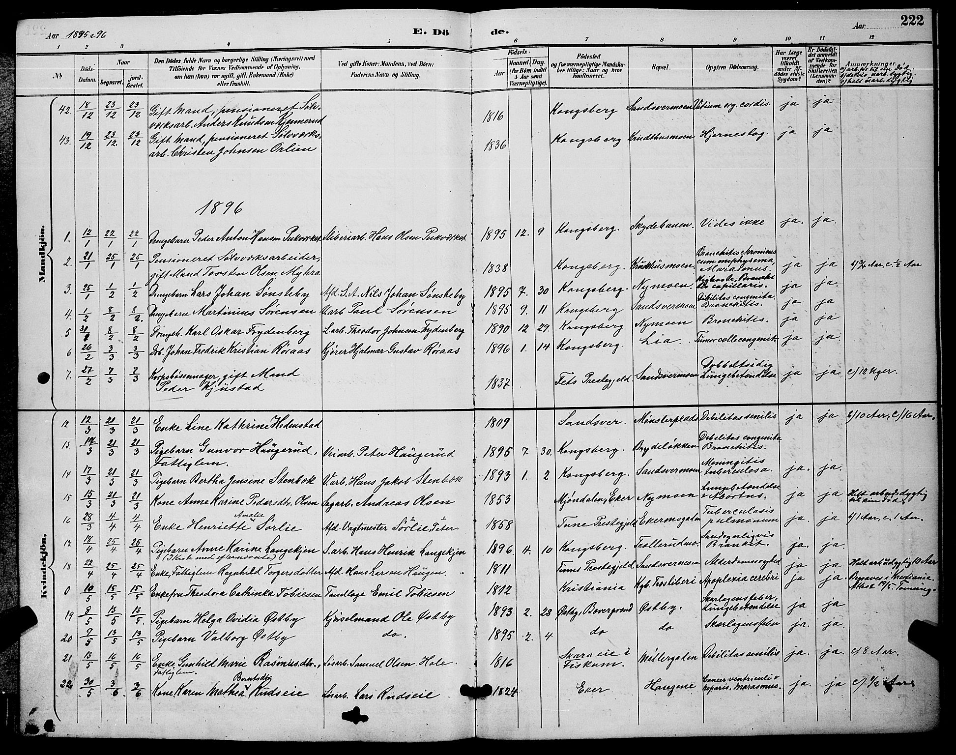 Kongsberg kirkebøker, AV/SAKO-A-22/G/Ga/L0006: Klokkerbok nr. 6, 1890-1901, s. 222