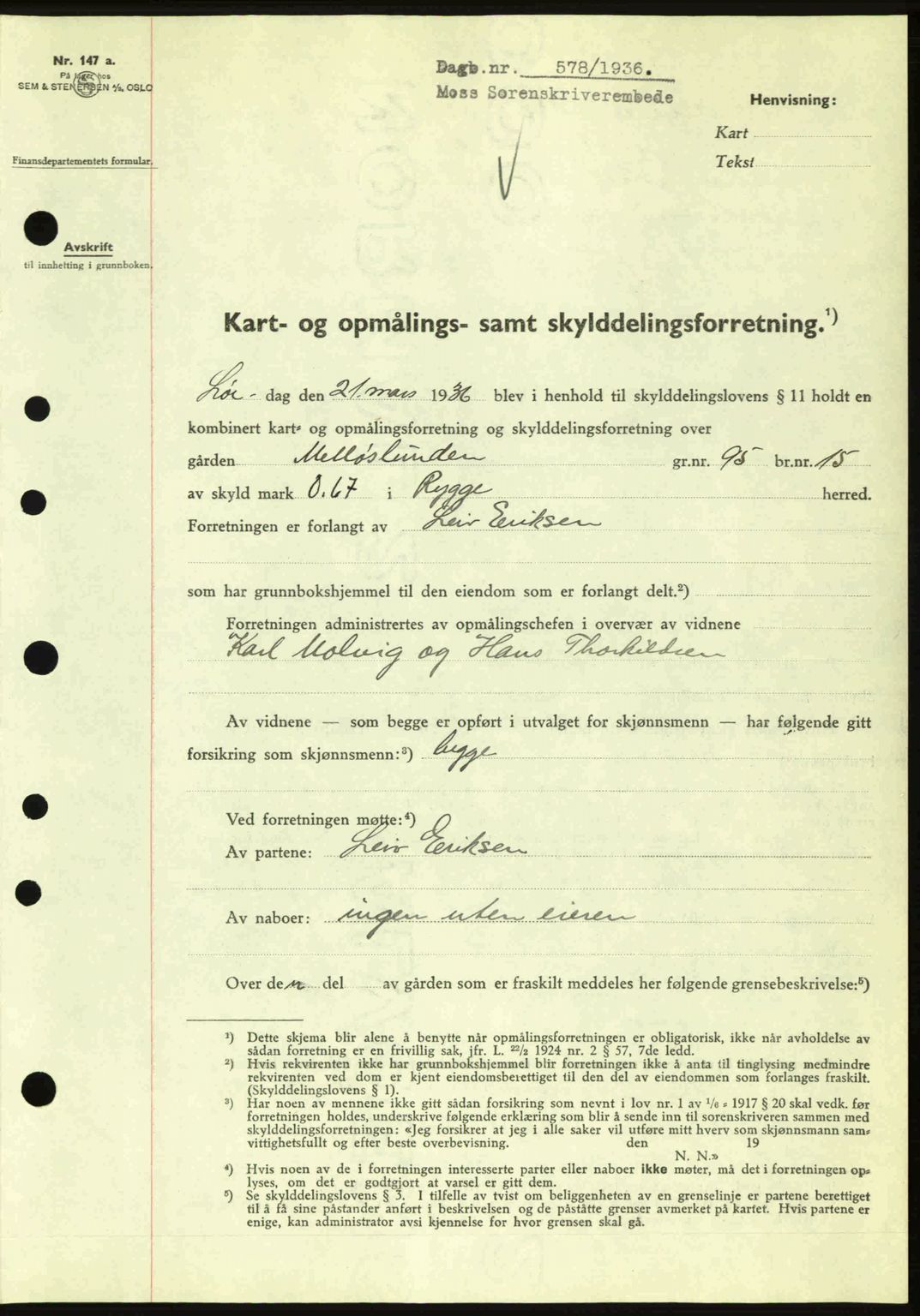 Moss sorenskriveri, SAO/A-10168: Pantebok nr. A1, 1936-1936, Dagboknr: 578/1936