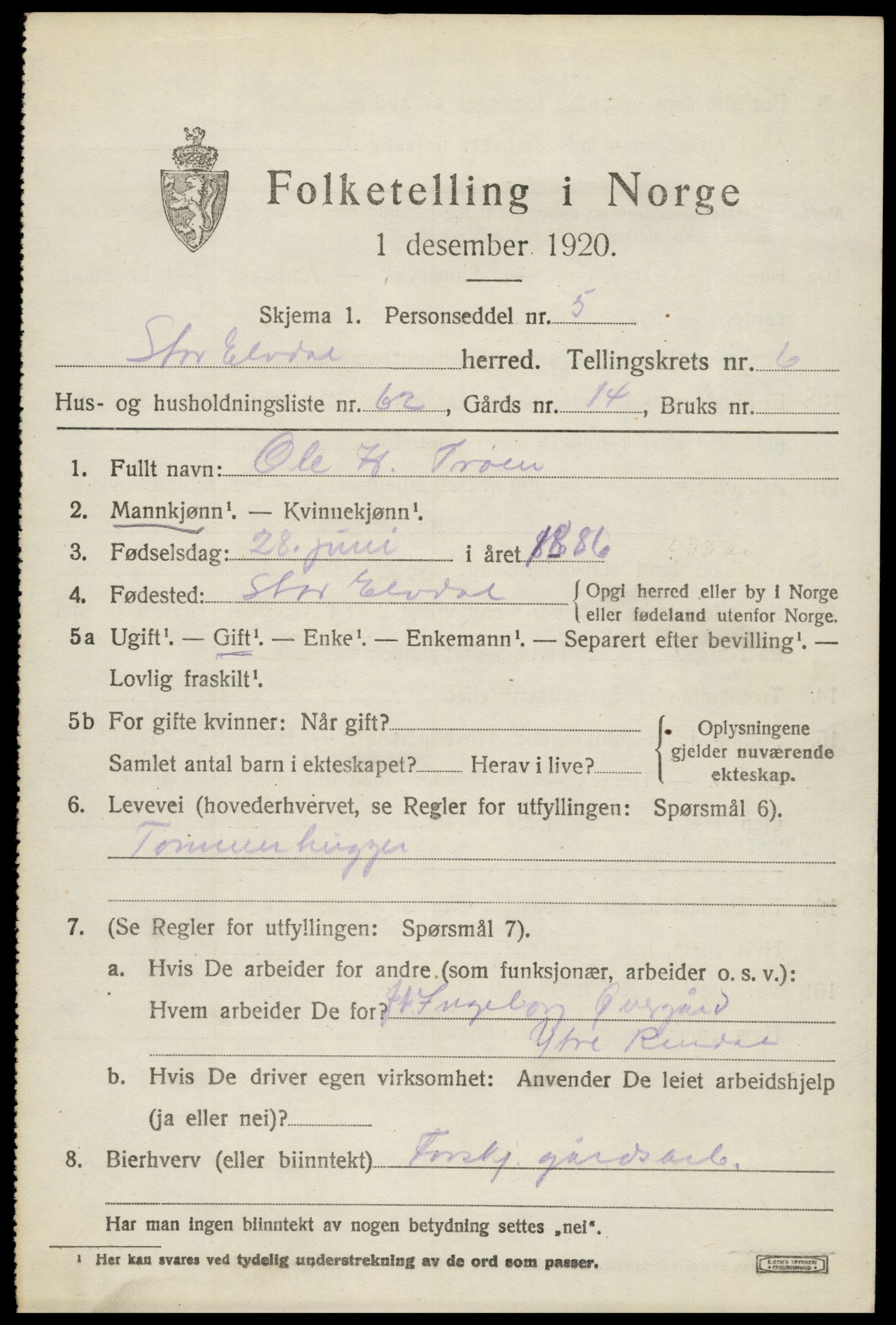 SAH, Folketelling 1920 for 0430 Stor-Elvdal herred, 1920, s. 5678