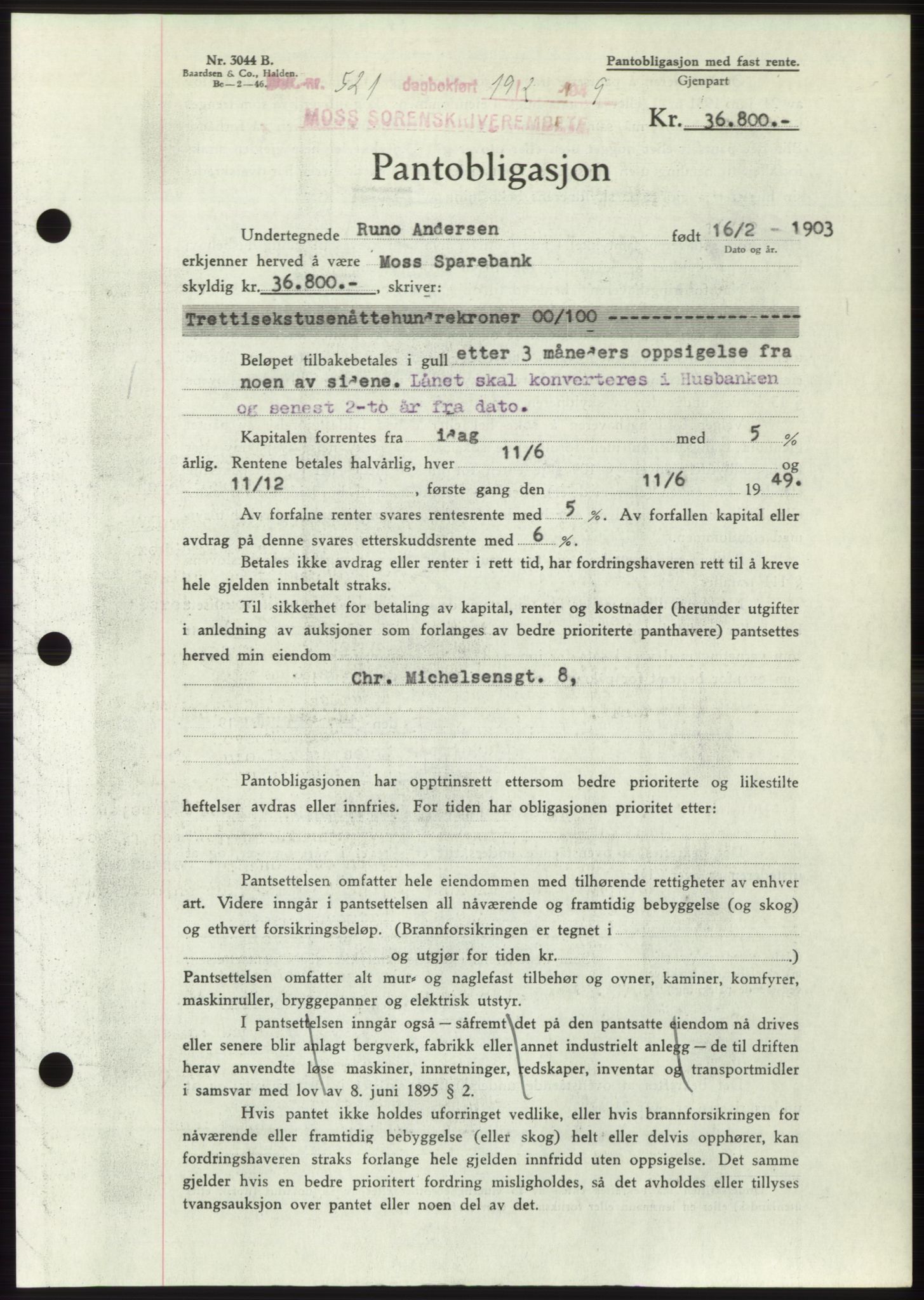 Moss sorenskriveri, SAO/A-10168: Pantebok nr. B21, 1949-1949, Dagboknr: 521/1949