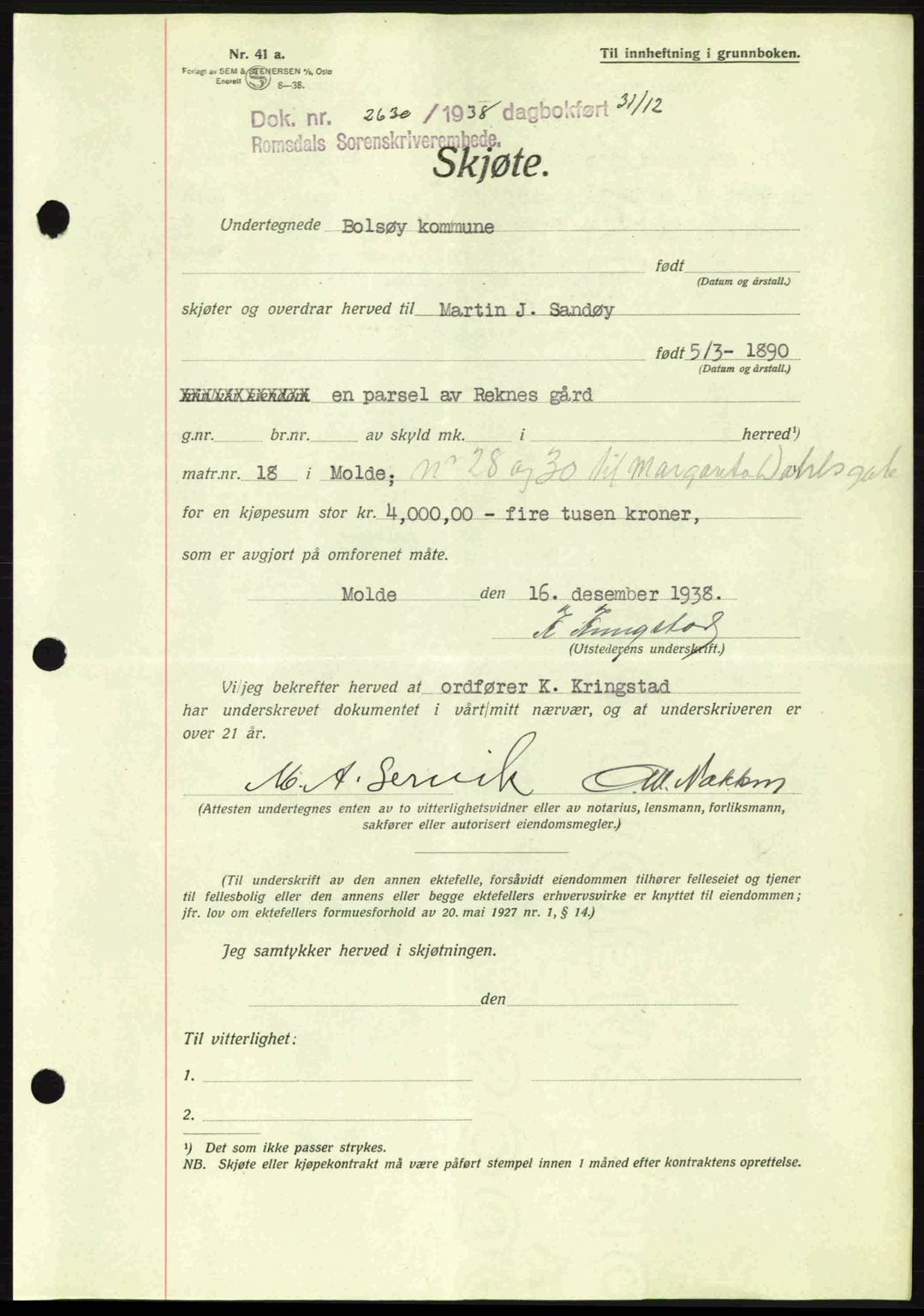 Romsdal sorenskriveri, AV/SAT-A-4149/1/2/2C: Pantebok nr. A6, 1938-1939, Dagboknr: 2630/1938