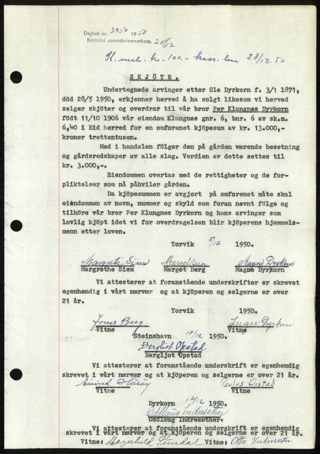 Romsdal sorenskriveri, AV/SAT-A-4149/1/2/2C: Pantebok nr. A35, 1950-1950, Dagboknr: 3950/1950