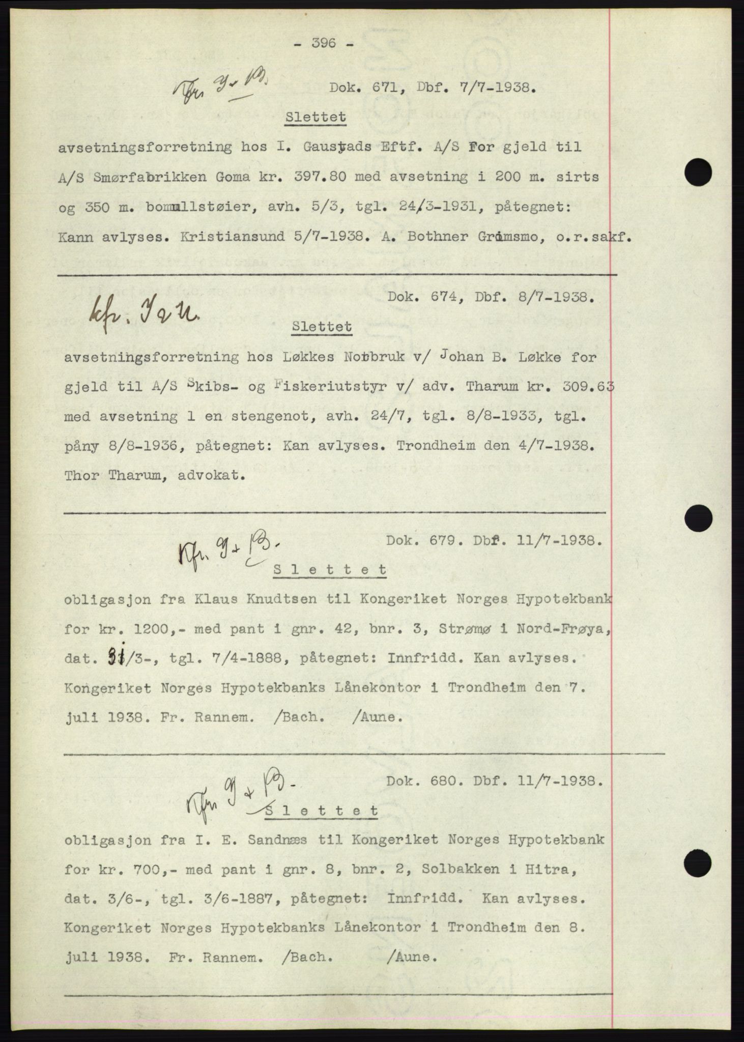 Hitra sorenskriveri, AV/SAT-A-0018/2/2C/2Ca: Pantebok nr. C1, 1936-1945, Dagboknr: 671/1938