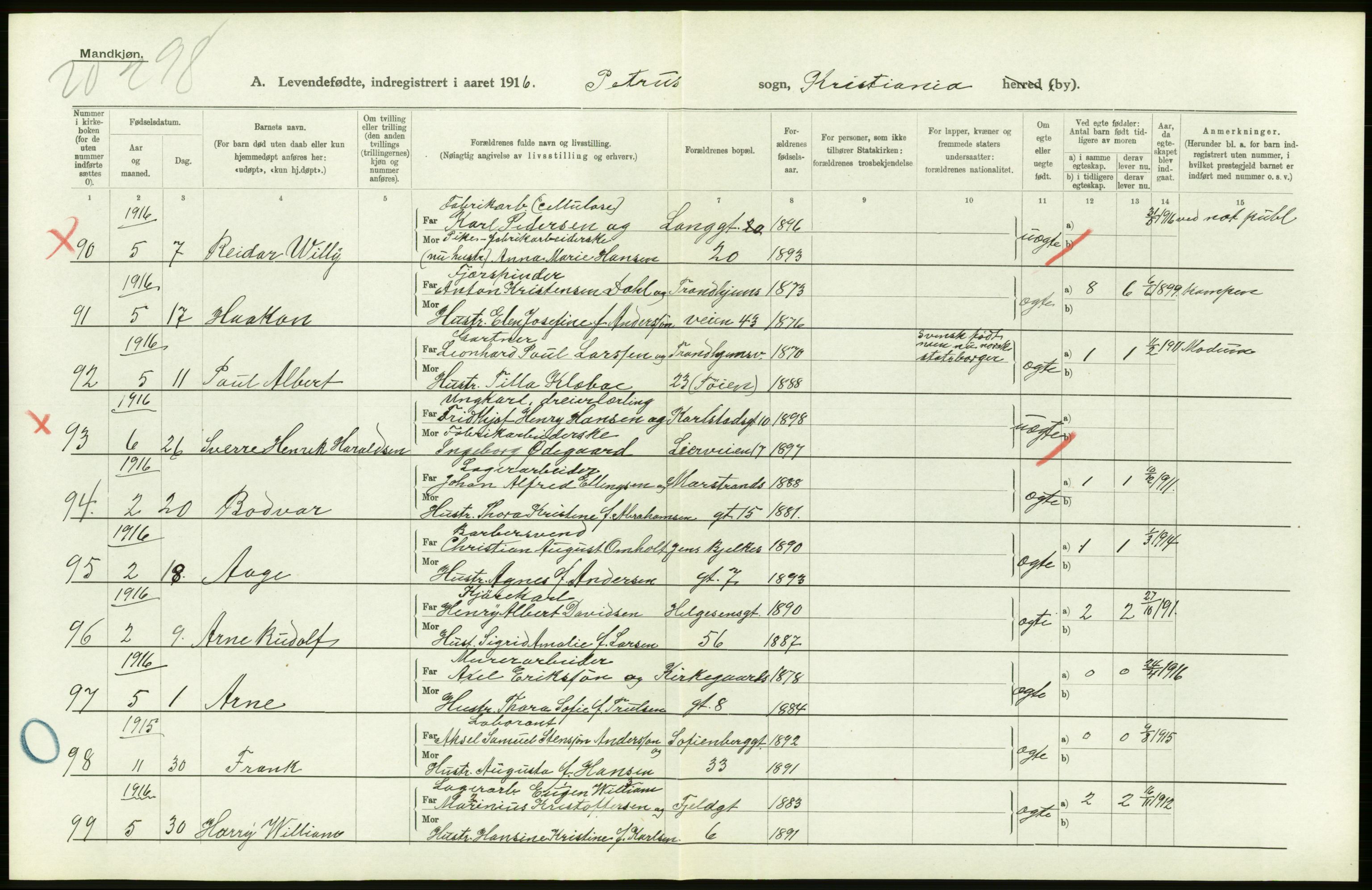 Statistisk sentralbyrå, Sosiodemografiske emner, Befolkning, AV/RA-S-2228/D/Df/Dfb/Dfbf/L0006: Kristiania: Levendefødte menn og kvinner., 1916, s. 568