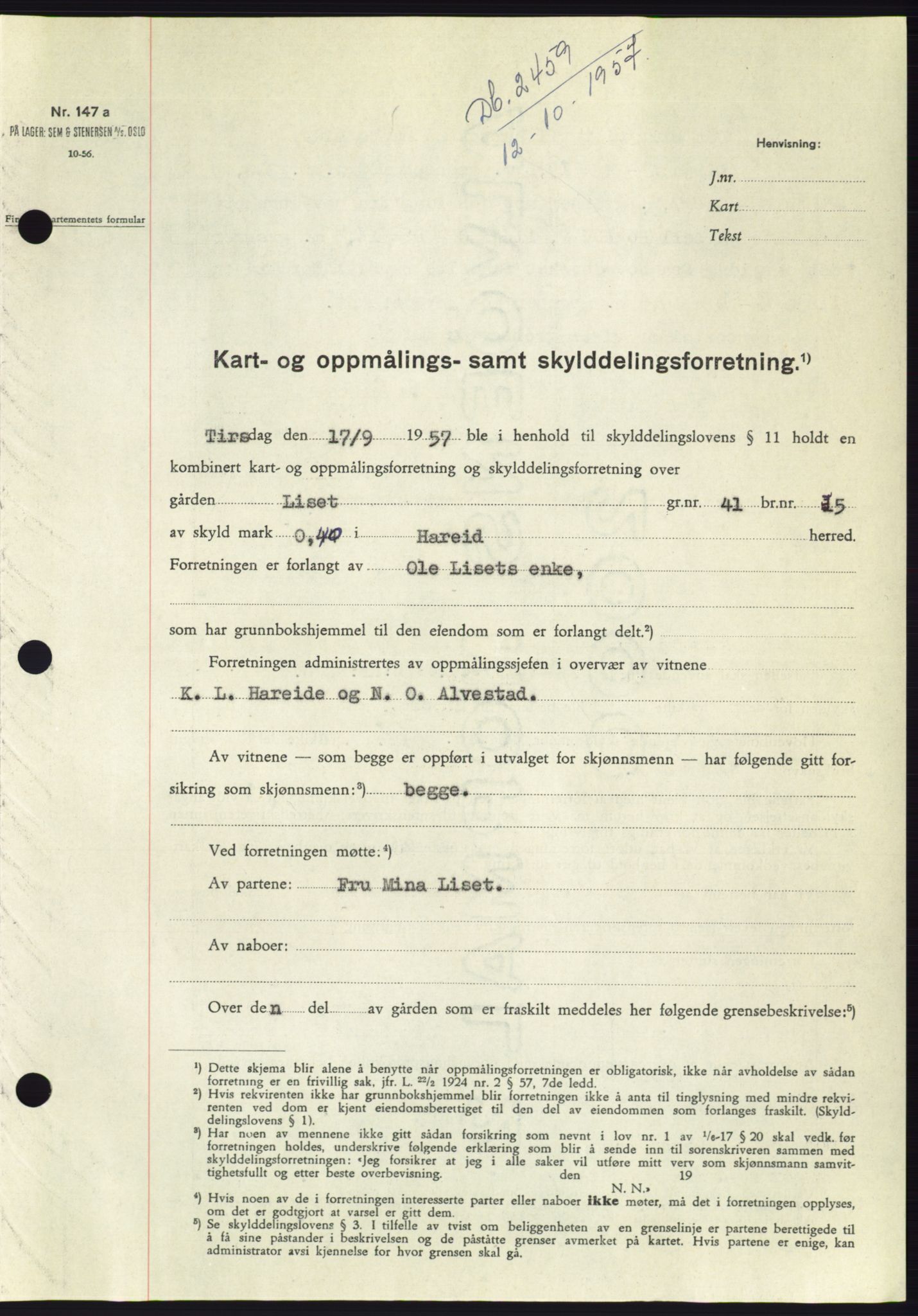 Søre Sunnmøre sorenskriveri, SAT/A-4122/1/2/2C/L0107: Pantebok nr. 33A, 1957-1957, Dagboknr: 2459/1957