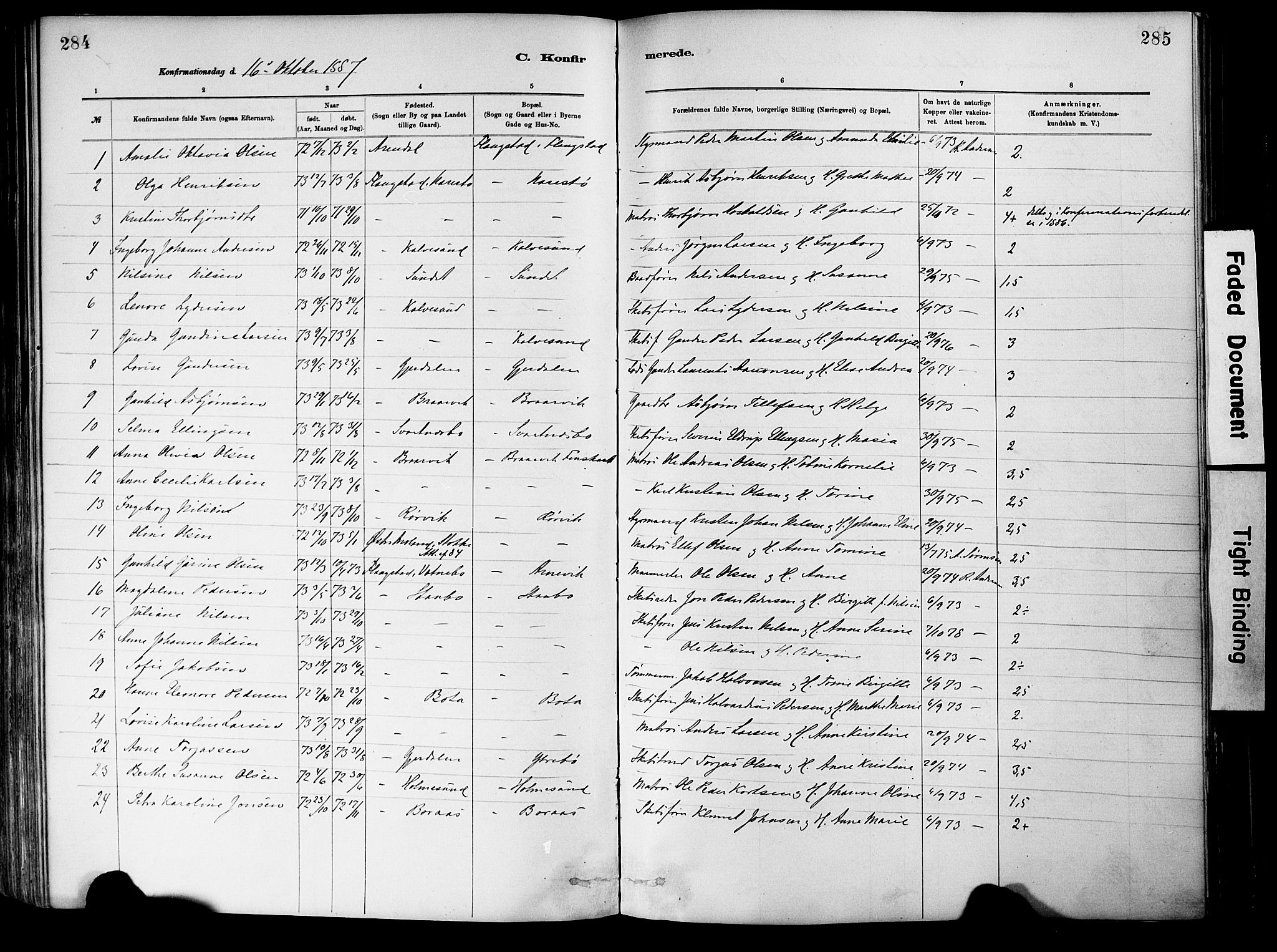 Dypvåg sokneprestkontor, AV/SAK-1111-0007/F/Fa/Fab/L0001: Ministerialbok nr. A 1, 1885-1912, s. 284-285