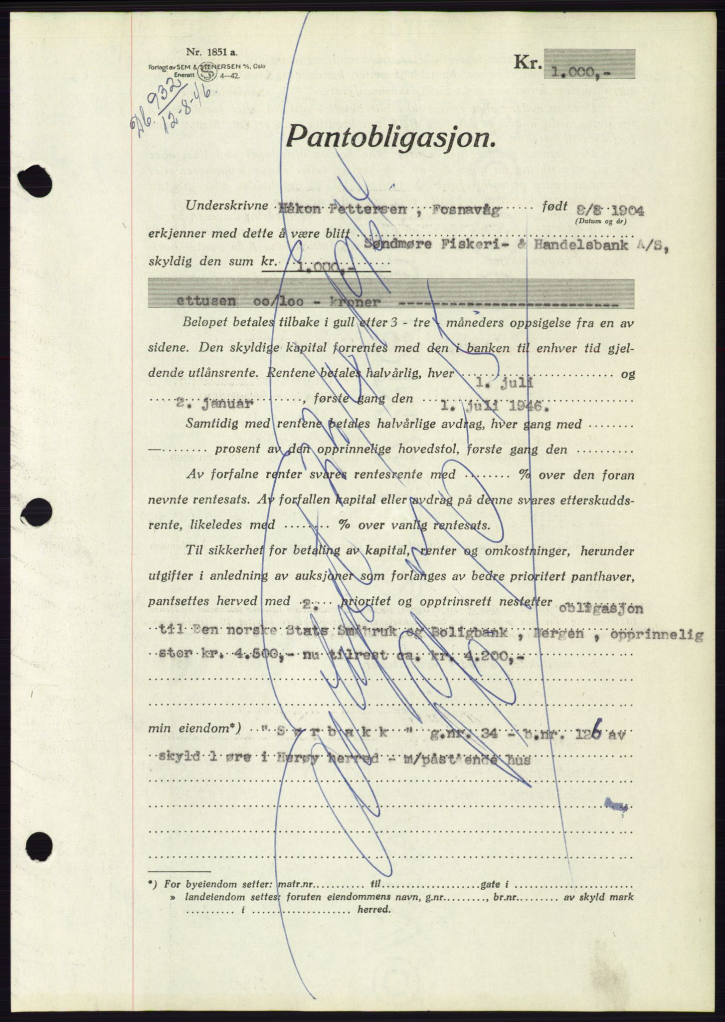 Søre Sunnmøre sorenskriveri, AV/SAT-A-4122/1/2/2C/L0114: Pantebok nr. 1-2B, 1943-1947, Dagboknr: 932/1946