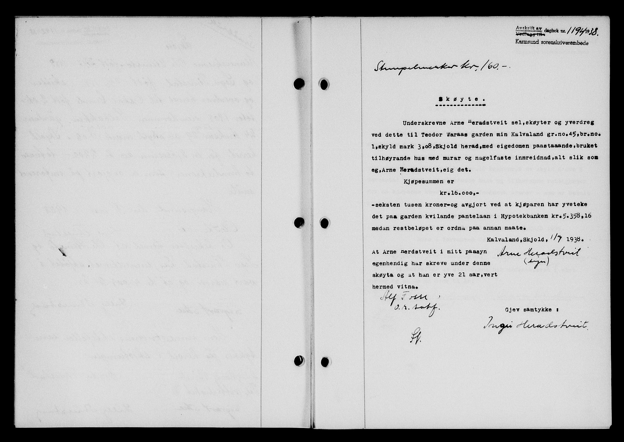 Karmsund sorenskriveri, SAST/A-100311/01/II/IIB/L0069: Pantebok nr. 50A, 1937-1938, Dagboknr: 1194/1938