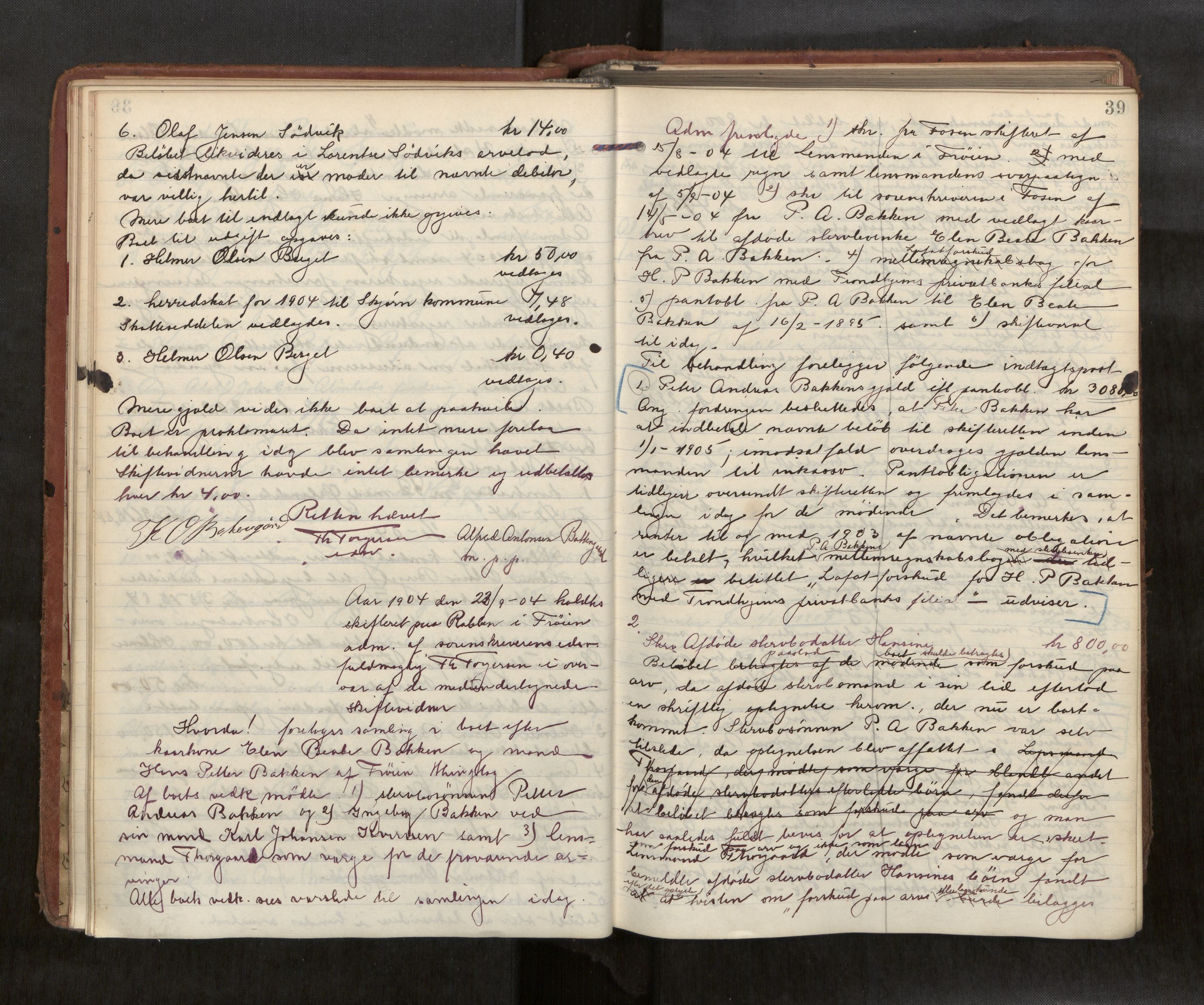 Fosen sorenskriveri, AV/SAT-A-1107/1/3/3B/L0008: Skiftebehandlingsprotokoll, 1904-1907, s. 39