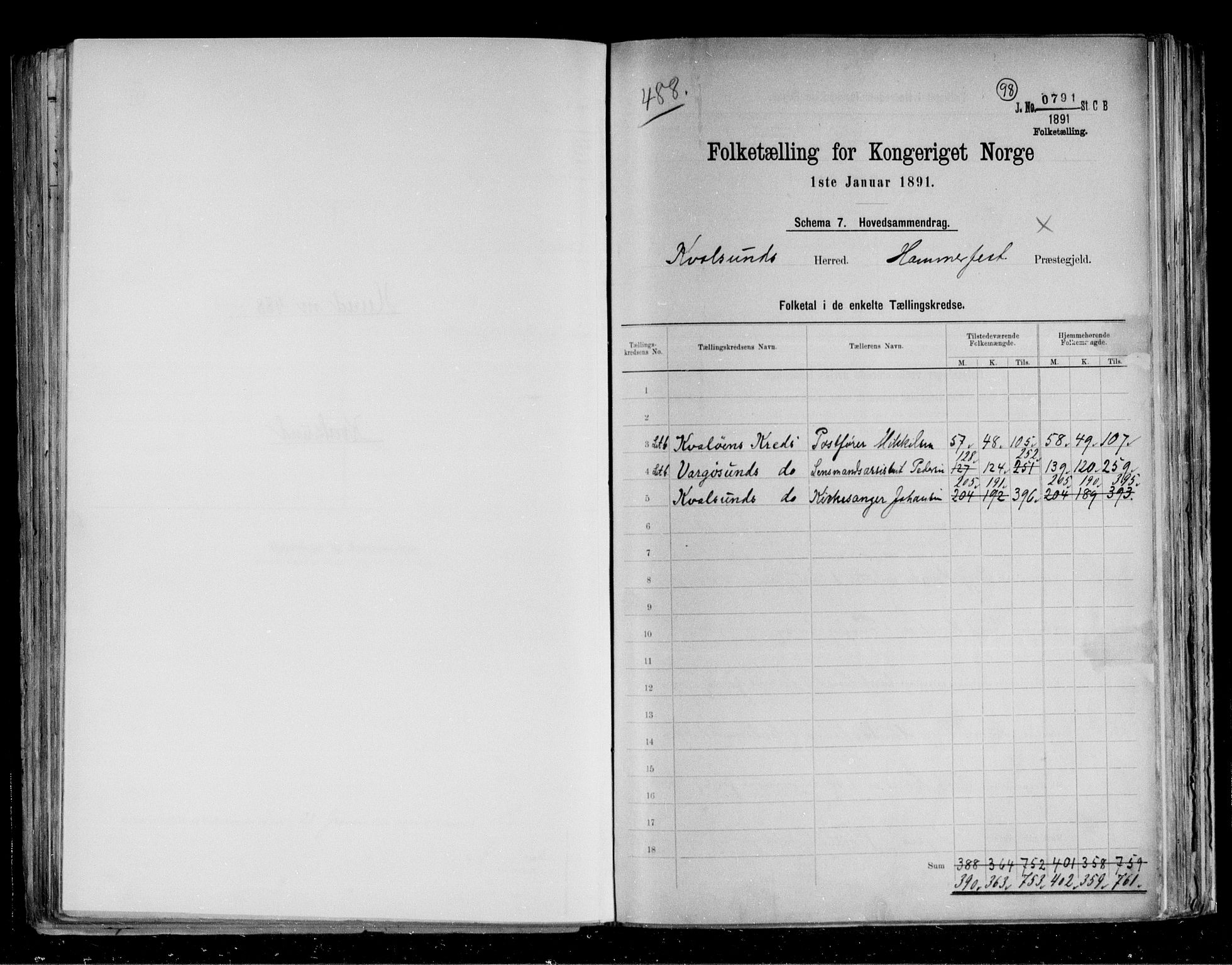 RA, Folketelling 1891 for 2017 Kvalsund herred, 1891, s. 2