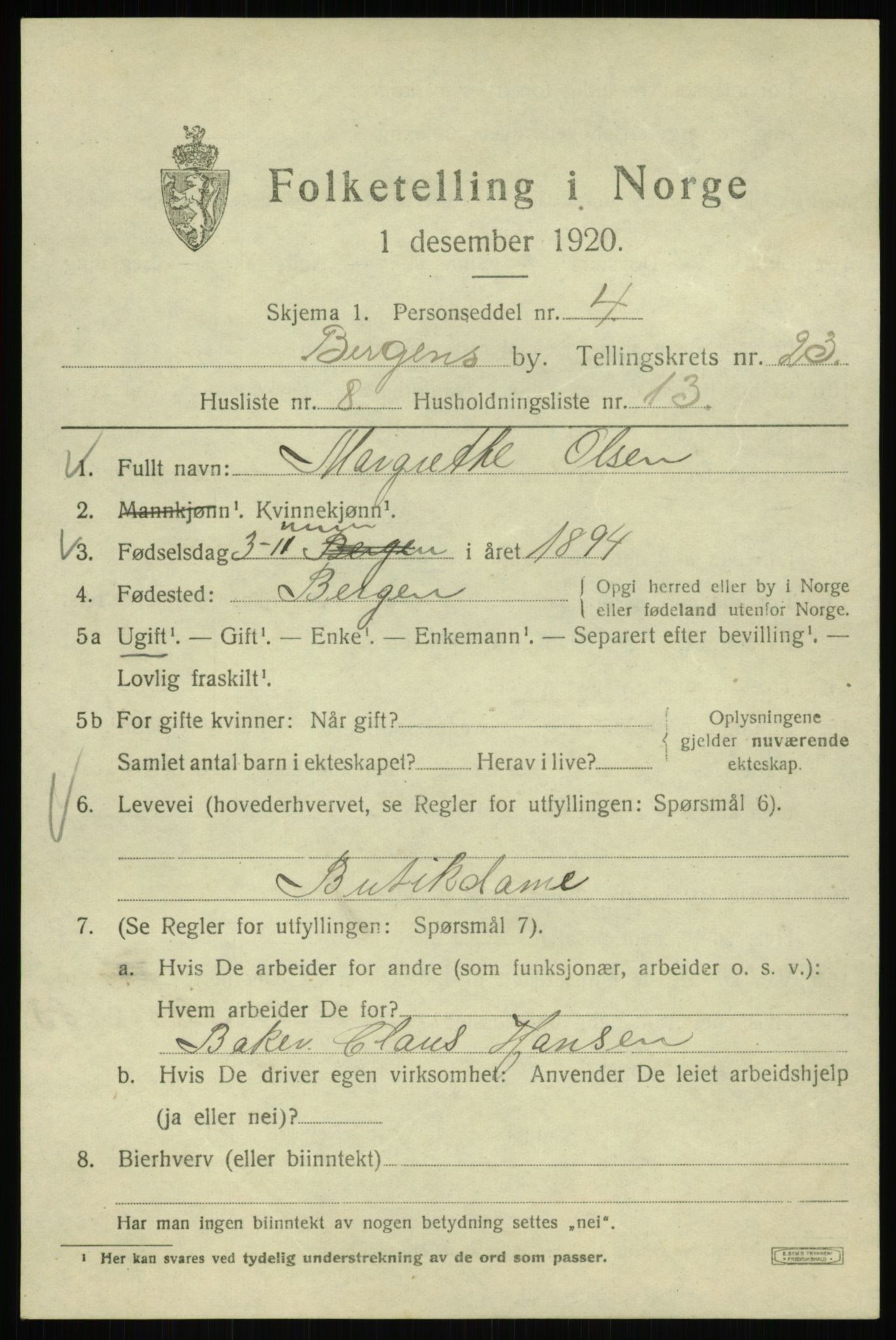 SAB, Folketelling 1920 for 1301 Bergen kjøpstad, 1920, s. 87516