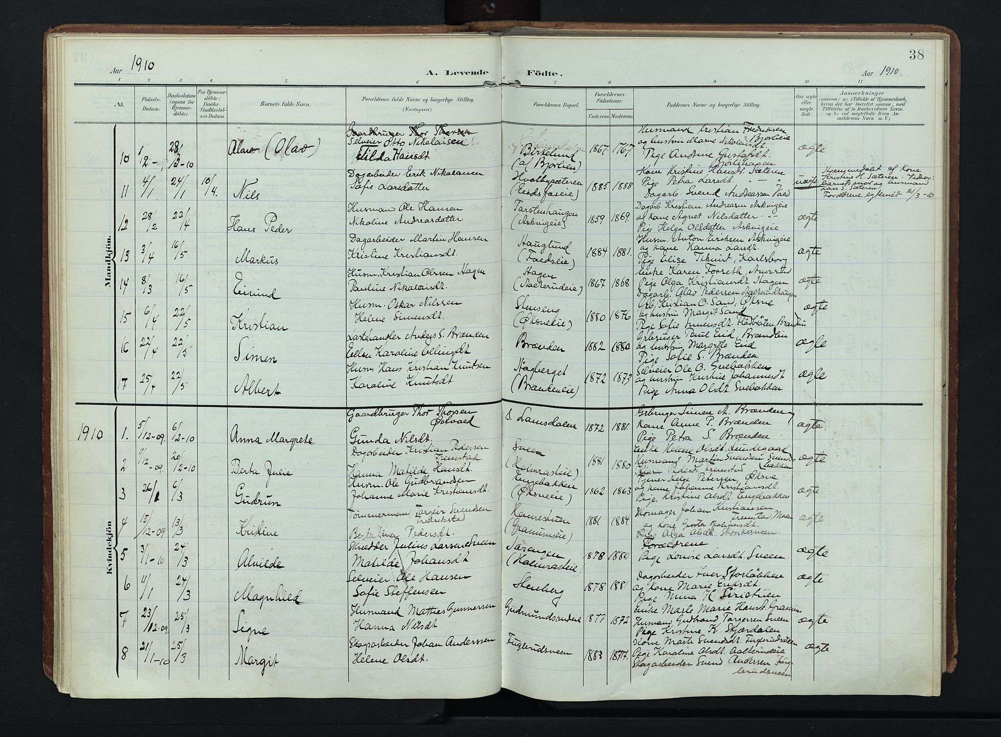 Søndre Land prestekontor, AV/SAH-PREST-122/K/L0007: Ministerialbok nr. 7, 1905-1914, s. 38