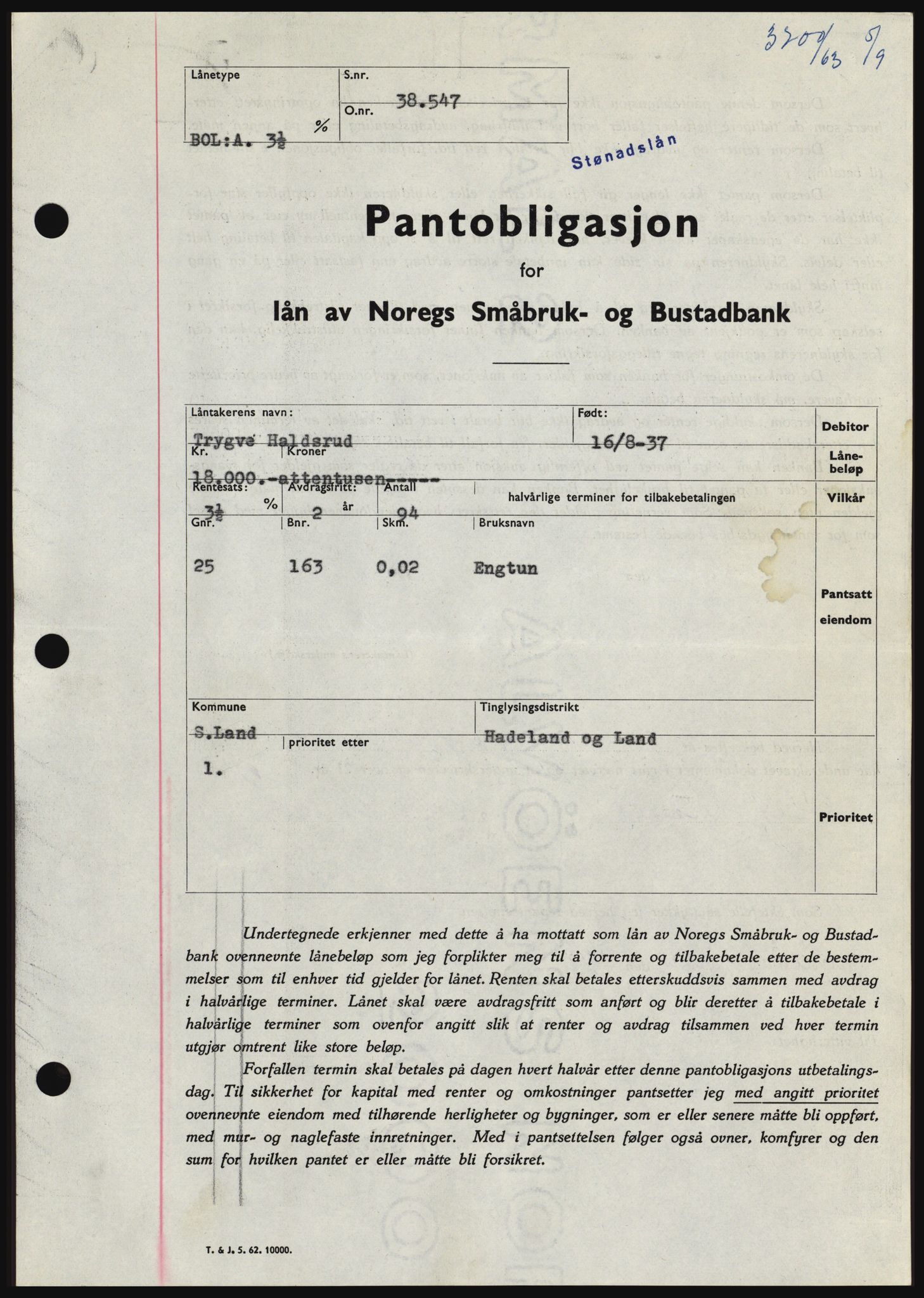 Hadeland og Land tingrett, SAH/TING-010/H/Hb/Hbc/L0052: Pantebok nr. B52, 1963-1963, Dagboknr: 3700/1963
