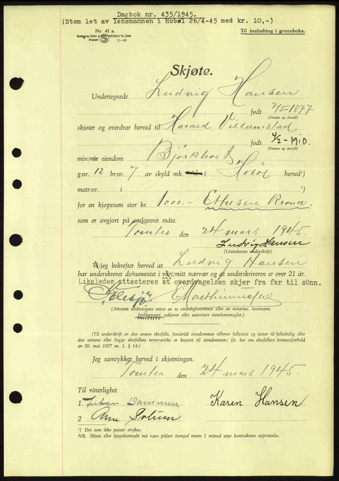 Moss sorenskriveri, SAO/A-10168: Pantebok nr. A13, 1944-1945, Dagboknr: 435/1945
