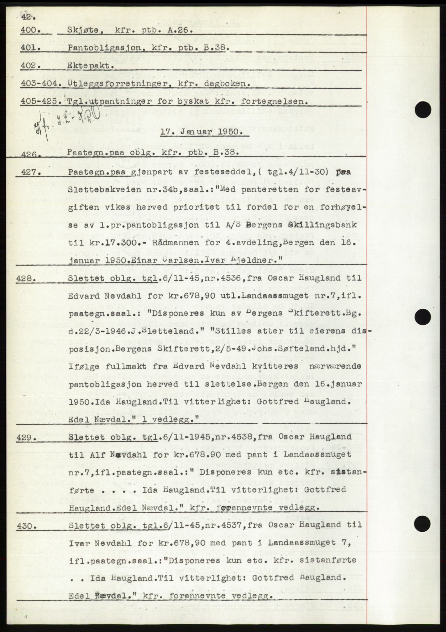 Byfogd og Byskriver i Bergen, SAB/A-3401/03: Pantebok nr. C 38, 1949-1950, Dagboknr: 400/1950