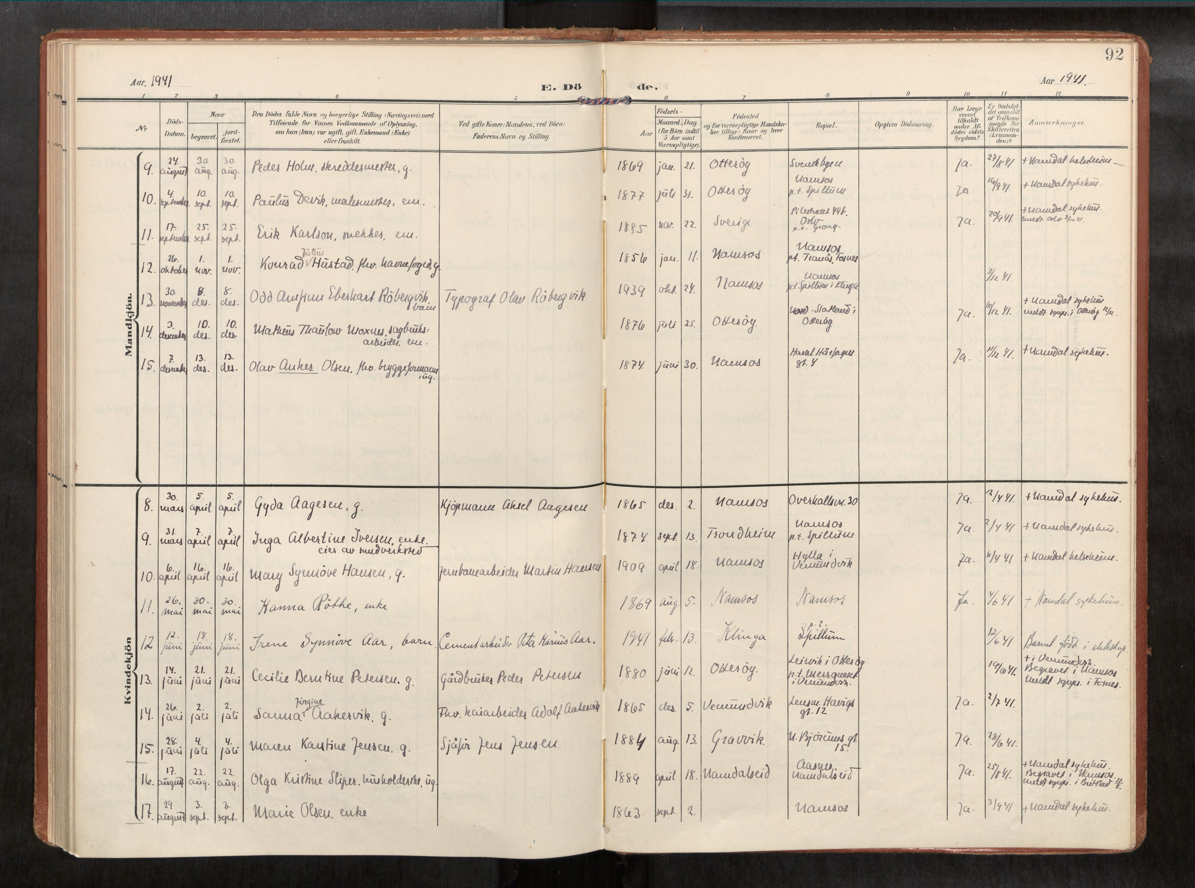 Ministerialprotokoller, klokkerbøker og fødselsregistre - Nord-Trøndelag, AV/SAT-A-1458/768/L0579b: Ministerialbok nr. 768A15, 1908-1945, s. 92