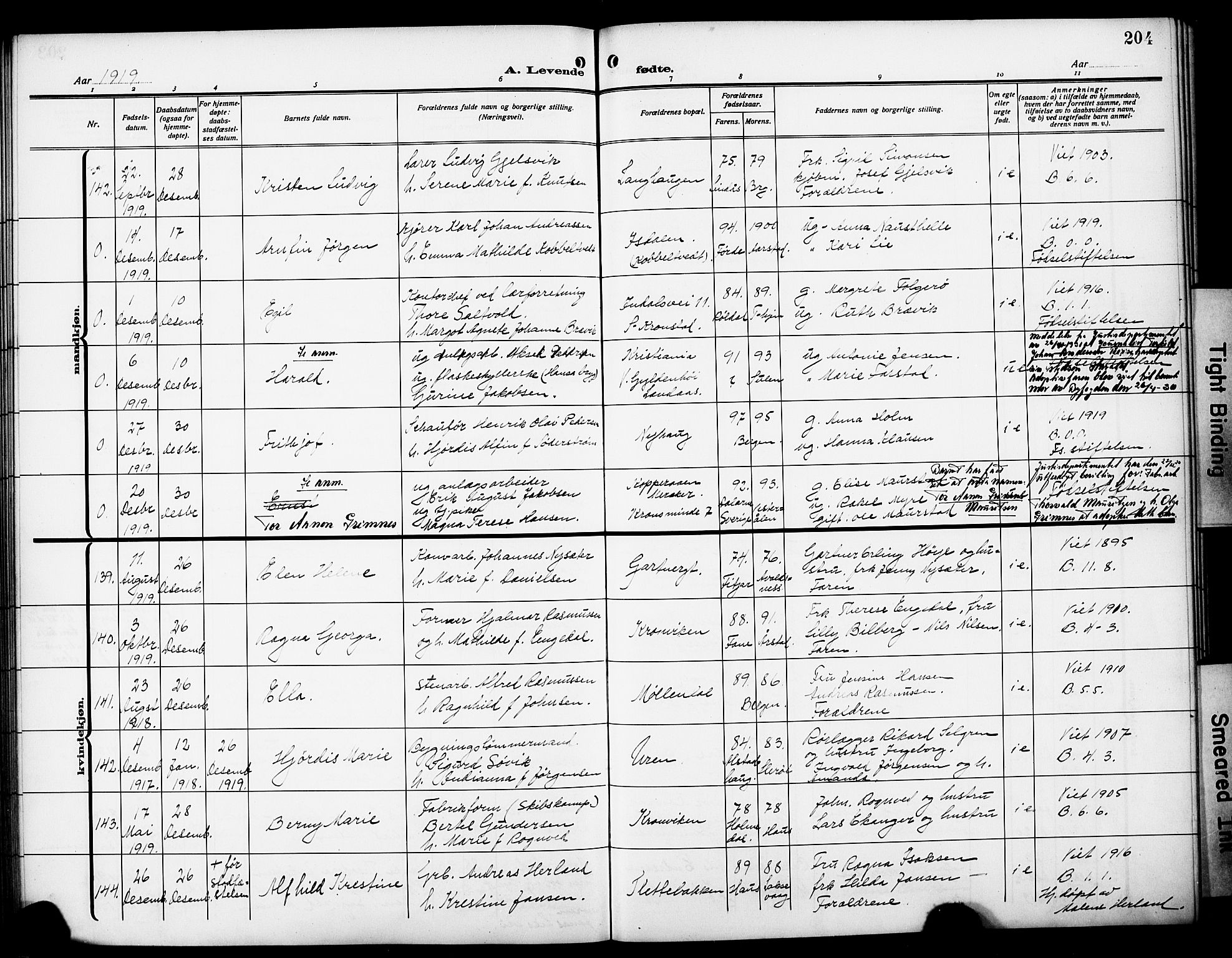 Årstad Sokneprestembete, AV/SAB-A-79301/H/Hab/L0003: Klokkerbok nr. A 3, 1912-1921, s. 204