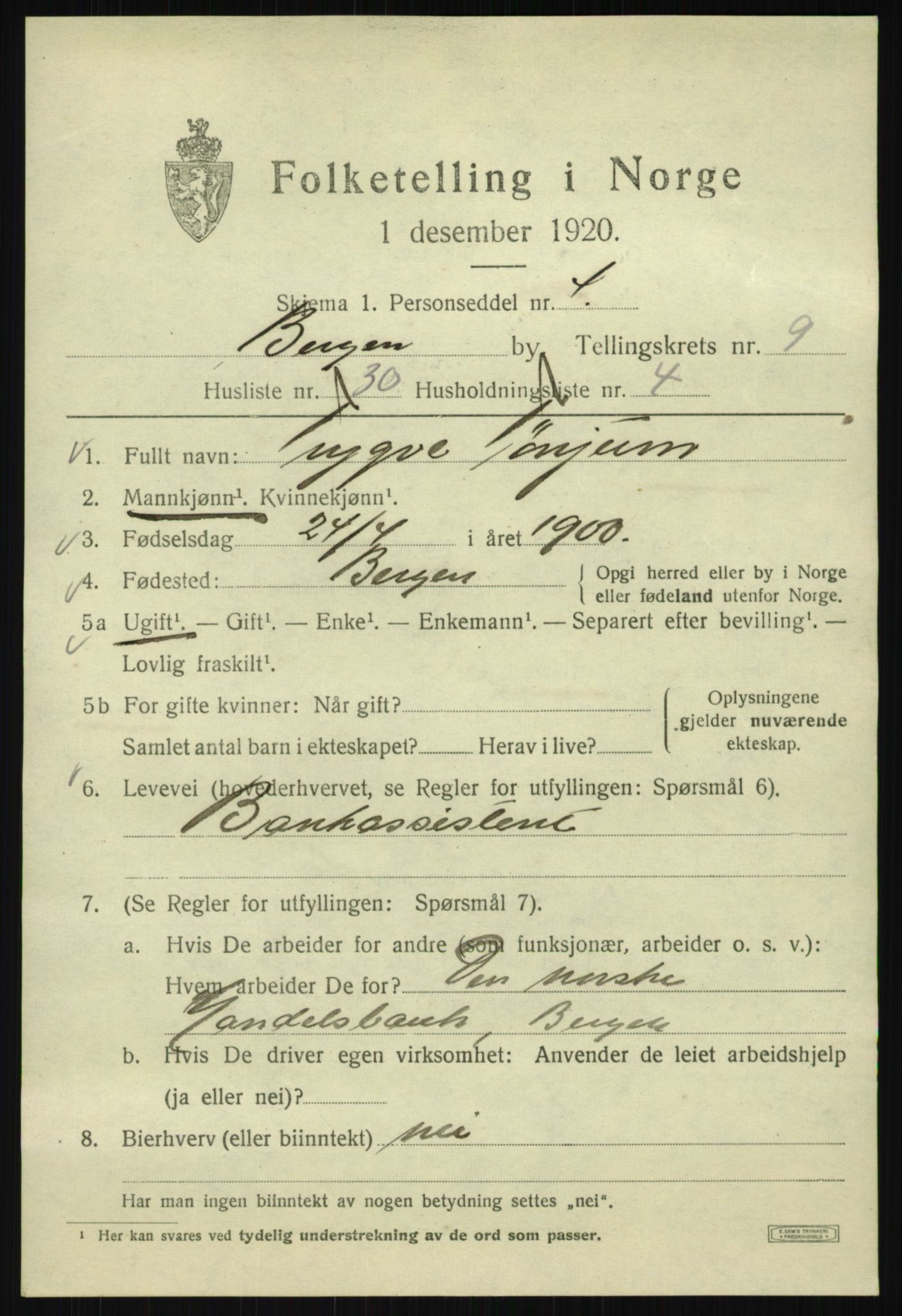 SAB, Folketelling 1920 for 1301 Bergen kjøpstad, 1920, s. 71311