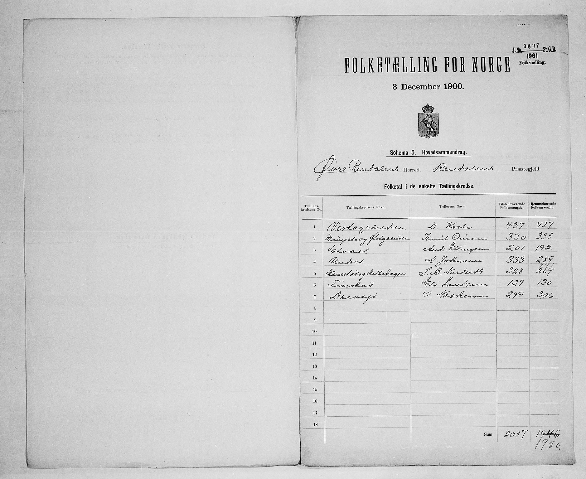 SAH, Folketelling 1900 for 0433 Øvre Rendal herred, 1900, s. 2