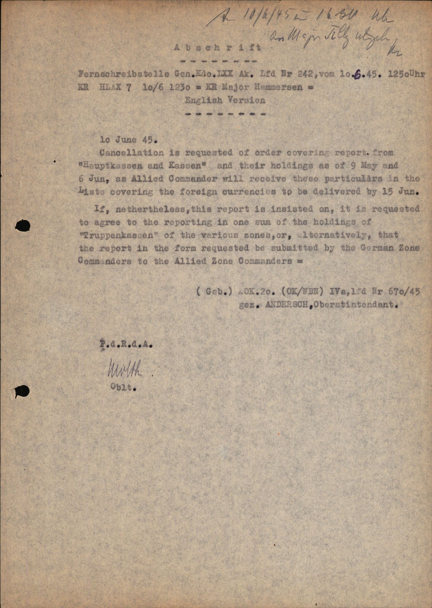 Forsvarets Overkommando. 2 kontor. Arkiv 11.4. Spredte tyske arkivsaker, AV/RA-RAFA-7031/D/Dar/Darc/L0017: FO.II, 1945, s. 1145