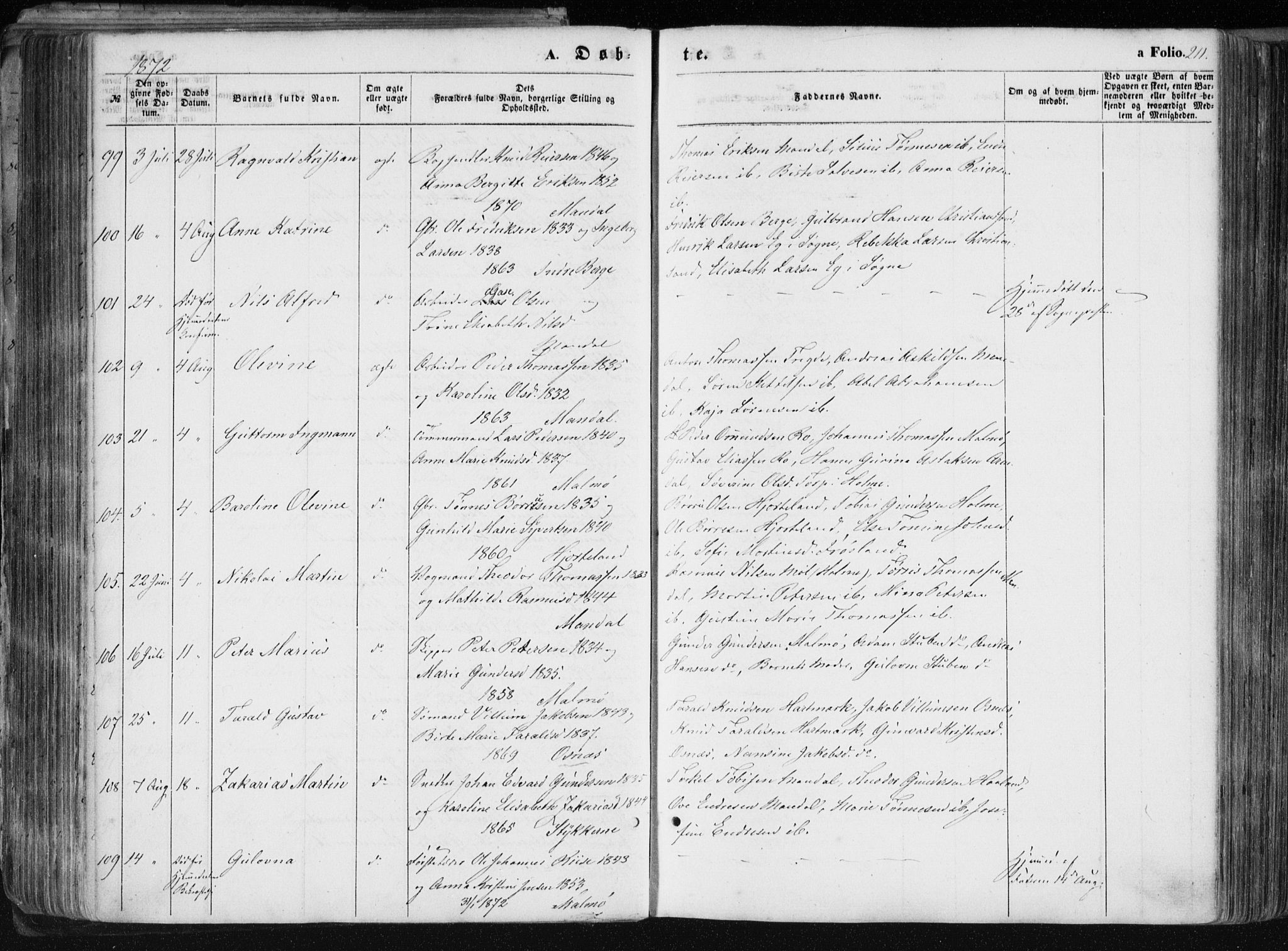 Mandal sokneprestkontor, AV/SAK-1111-0030/F/Fa/Faa/L0014: Ministerialbok nr. A 14, 1859-1872, s. 211
