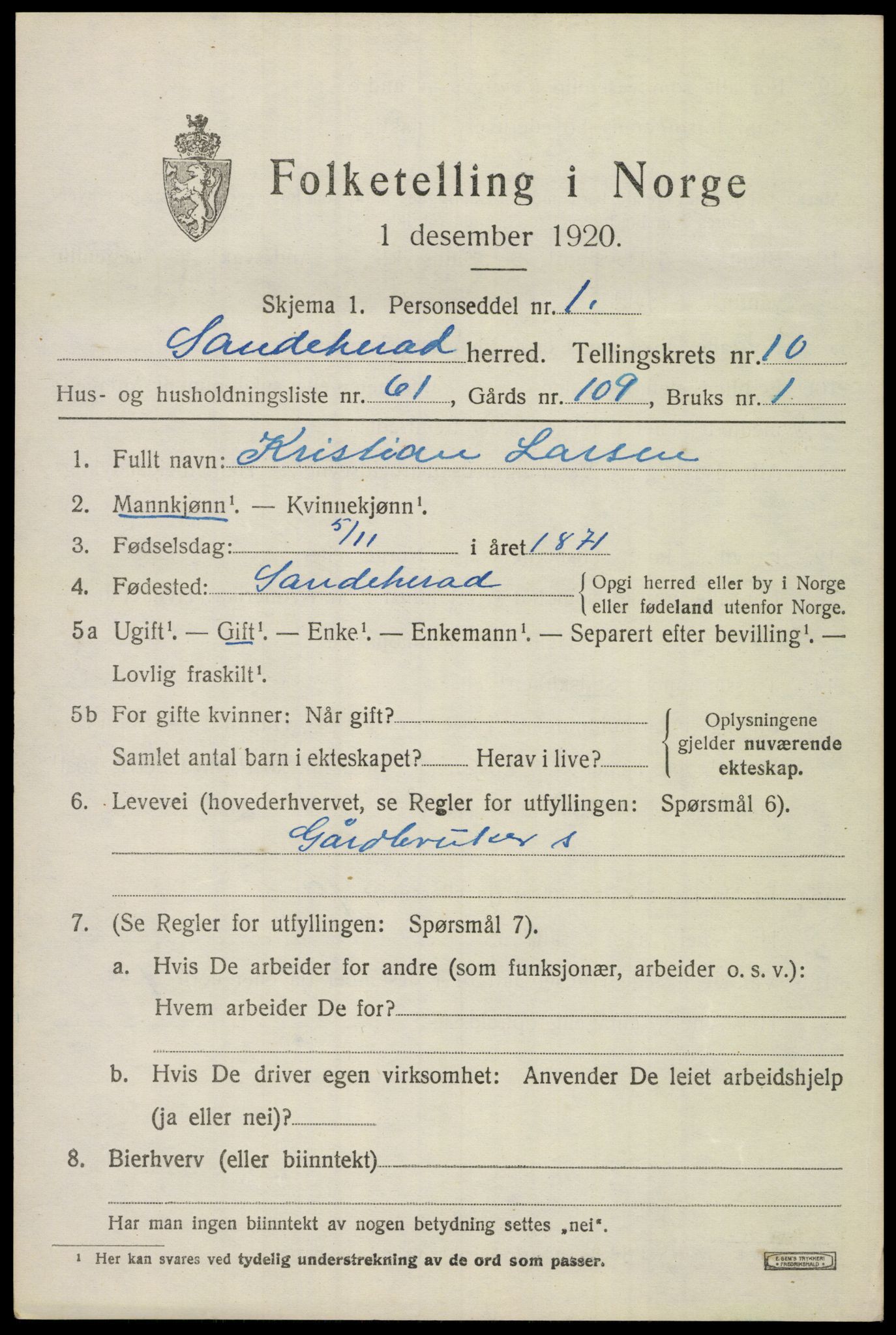 SAKO, Folketelling 1920 for 0724 Sandeherred herred, 1920, s. 15282