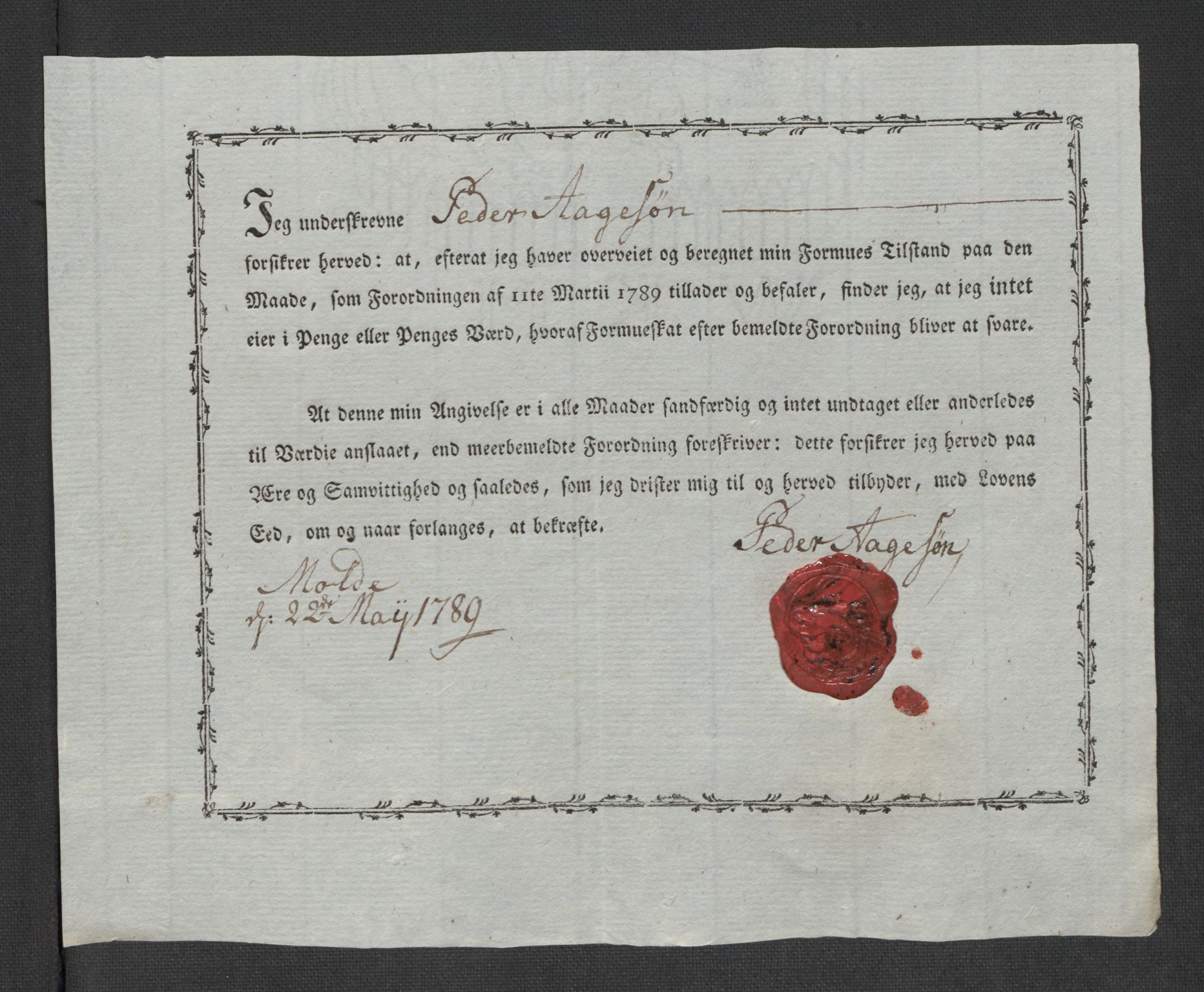 Rentekammeret inntil 1814, Reviderte regnskaper, Mindre regnskaper, AV/RA-EA-4068/Rf/Rfe/L0024: Modum Blåfarvevverk, Molde, Moss, 1789, s. 127