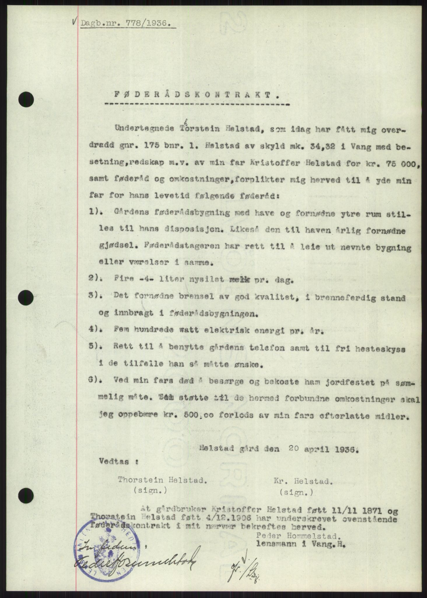Nord-Hedmark sorenskriveri, SAH/TING-012/H/Hb/Hbf/L0001: Pantebok nr. B1, 1936-1936, Dagboknr: 778/1936