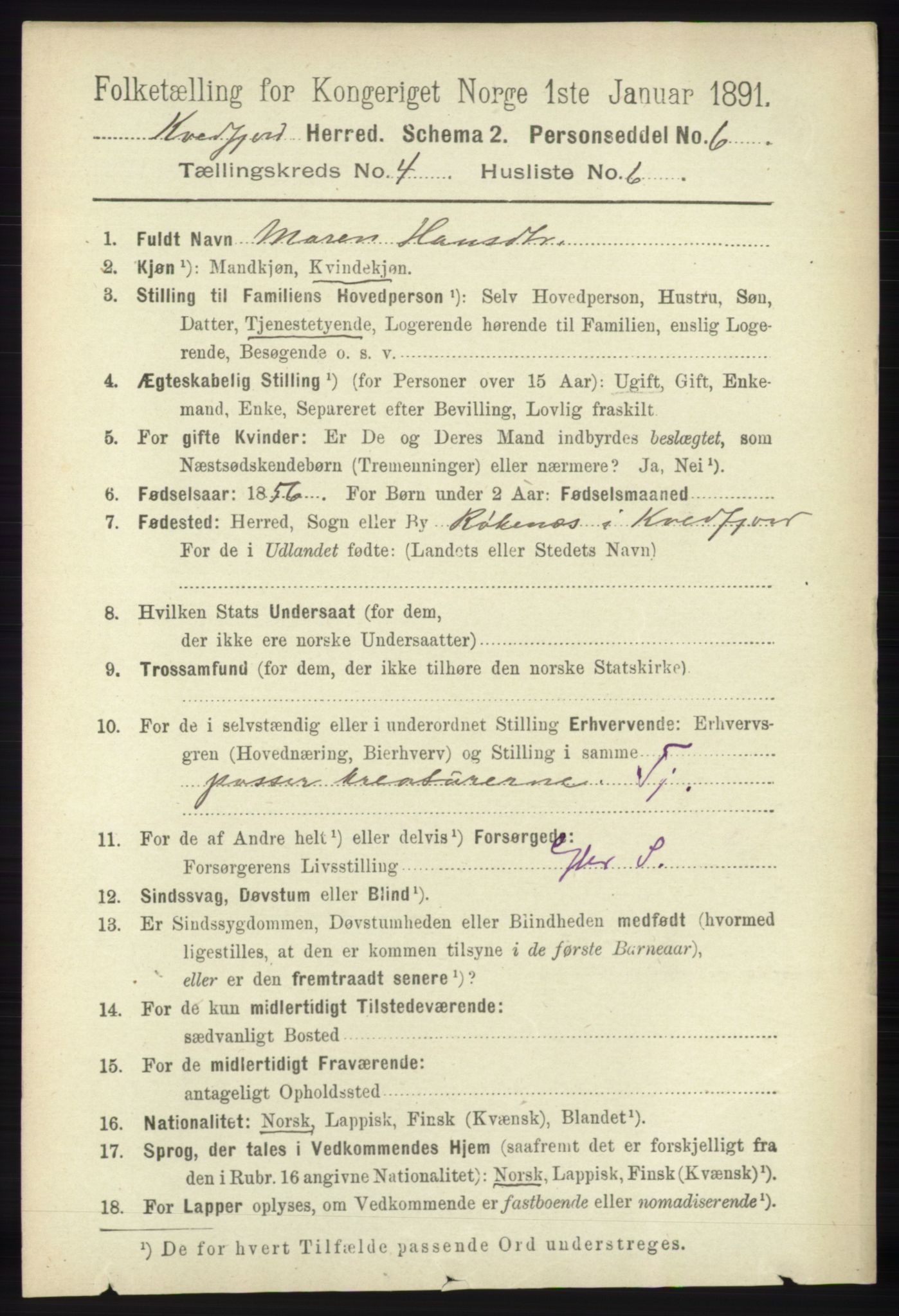 RA, Folketelling 1891 for 1911 Kvæfjord herred, 1891, s. 1926