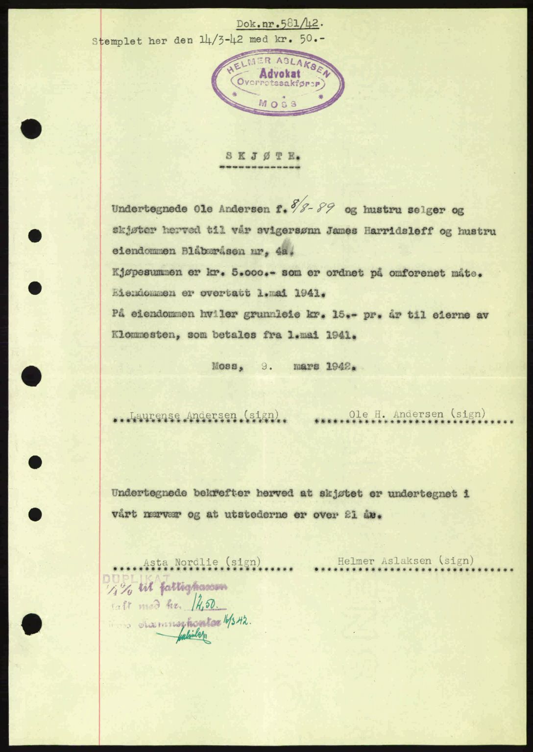 Moss sorenskriveri, SAO/A-10168: Pantebok nr. A9, 1941-1942, Dagboknr: 581/1942