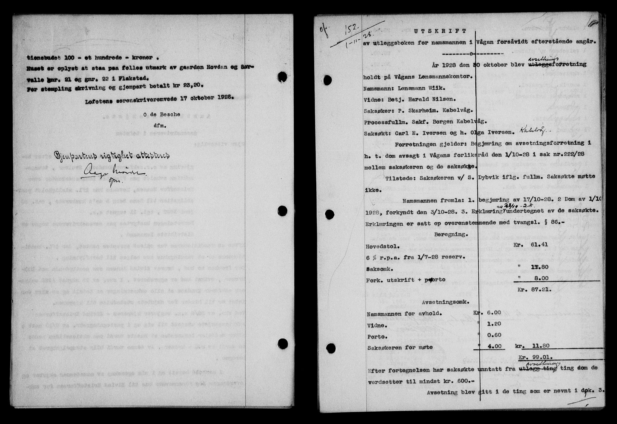 Lofoten sorenskriveri, AV/SAT-A-0017/1/2/2C/L0018b: Pantebok nr. 18b, 1928-1928, Tingl.dato: 01.11.1928