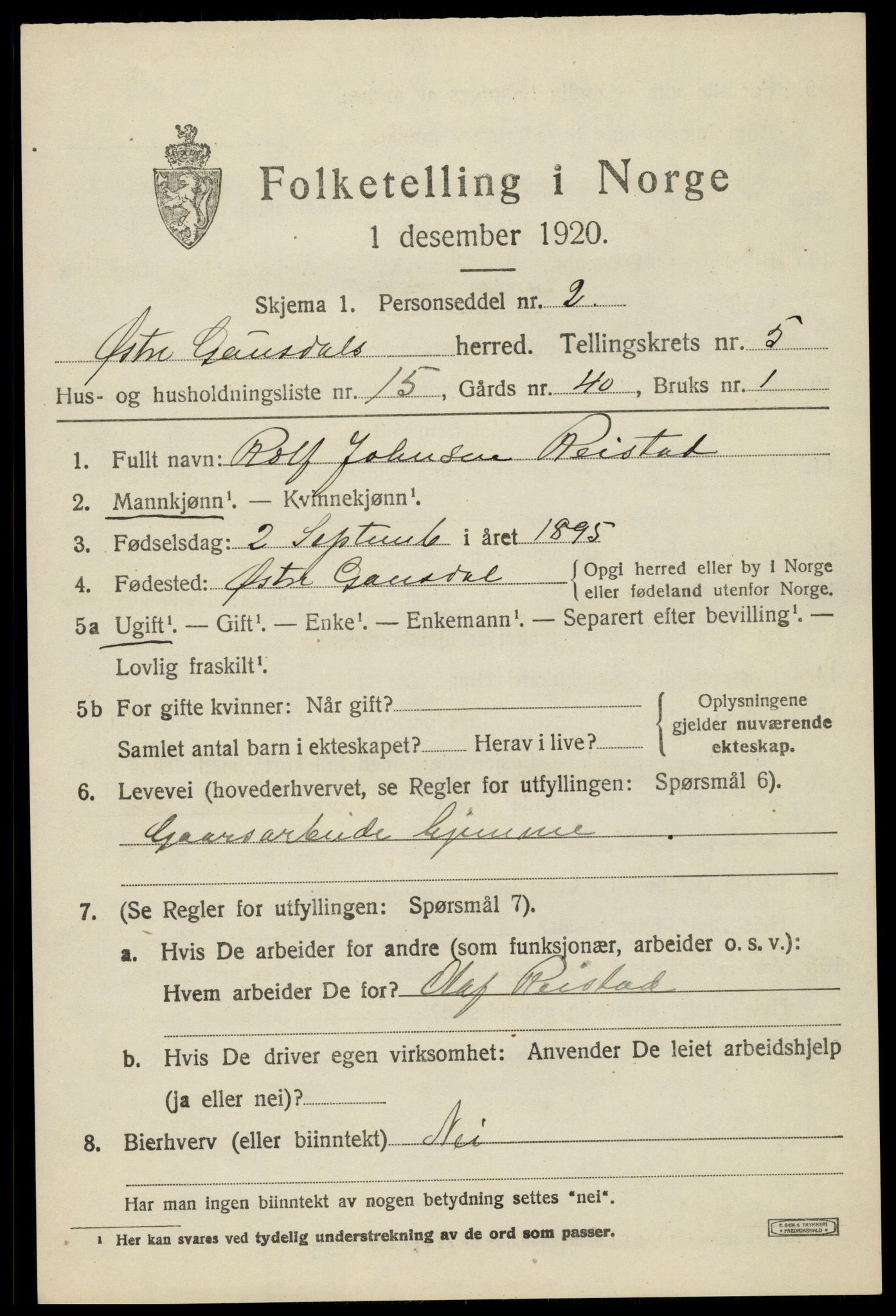 SAH, Folketelling 1920 for 0522 Østre Gausdal herred, 1920, s. 2894