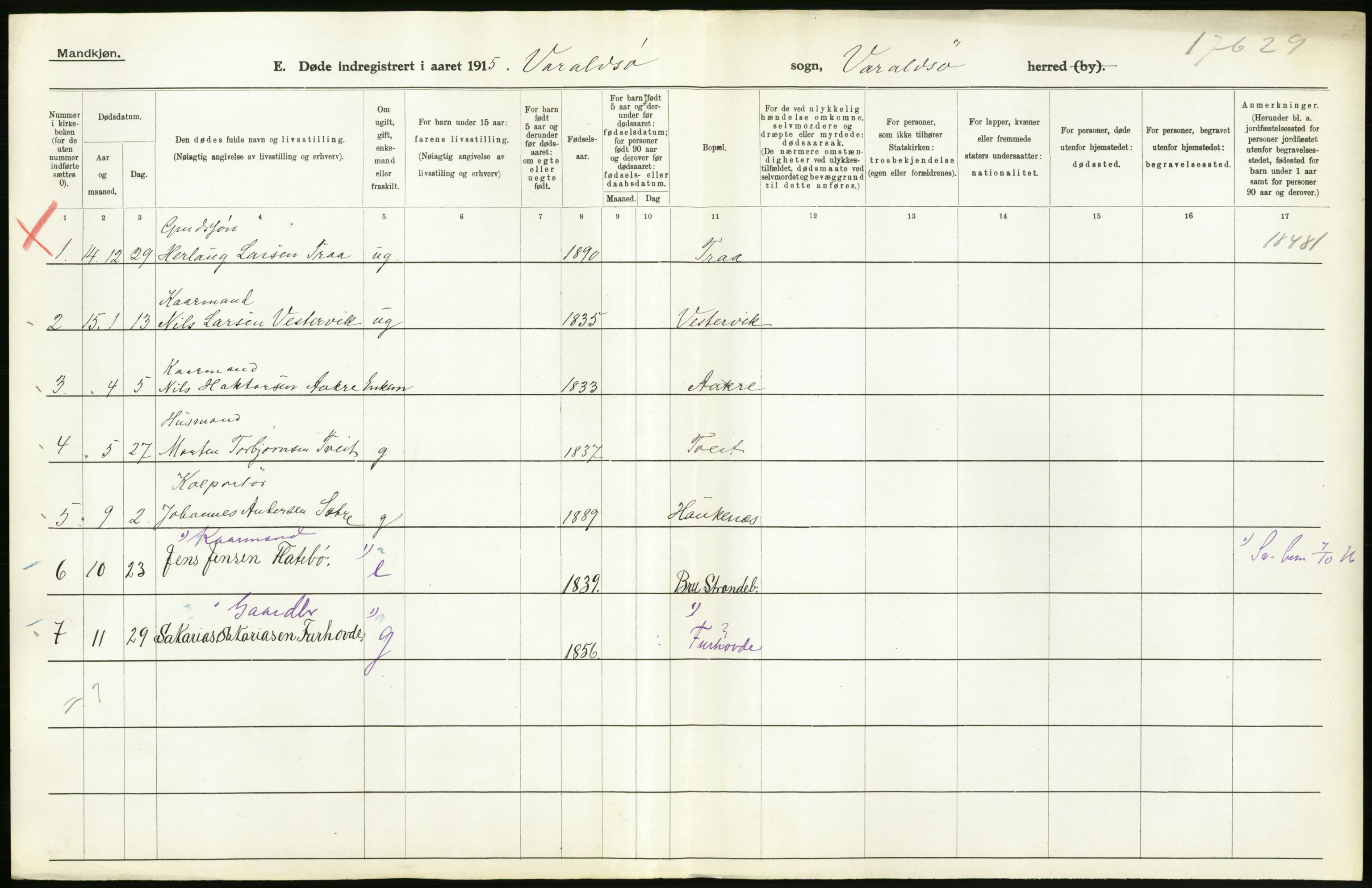 Statistisk sentralbyrå, Sosiodemografiske emner, Befolkning, RA/S-2228/D/Df/Dfb/Dfbe/L0032: S. Bergenhus amt: Døde, dødfødte. Bygder., 1915, s. 2