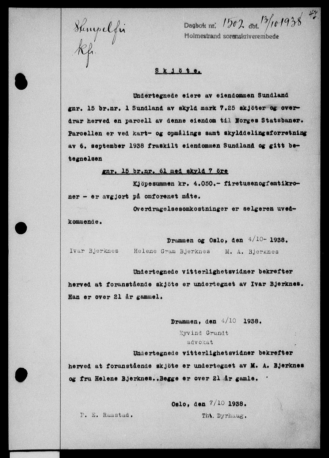 Holmestrand sorenskriveri, SAKO/A-67/G/Ga/Gaa/L0050: Pantebok nr. A-50, 1938-1939, Dagboknr: 1502/1938