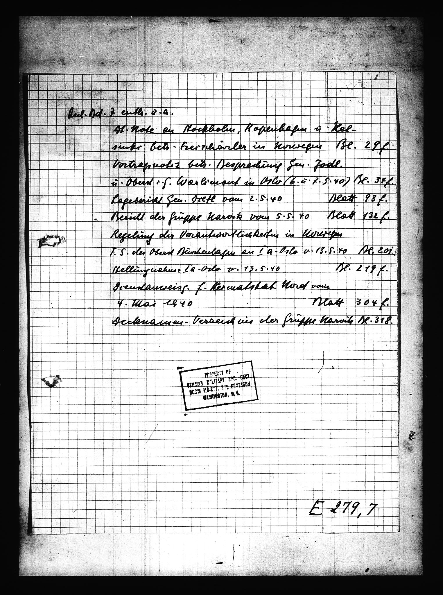 Documents Section, RA/RAFA-2200/V/L0078: Amerikansk mikrofilm "Captured German Documents".
Box No. 717.  FKA jnr. 601/1954., 1940, s. 2