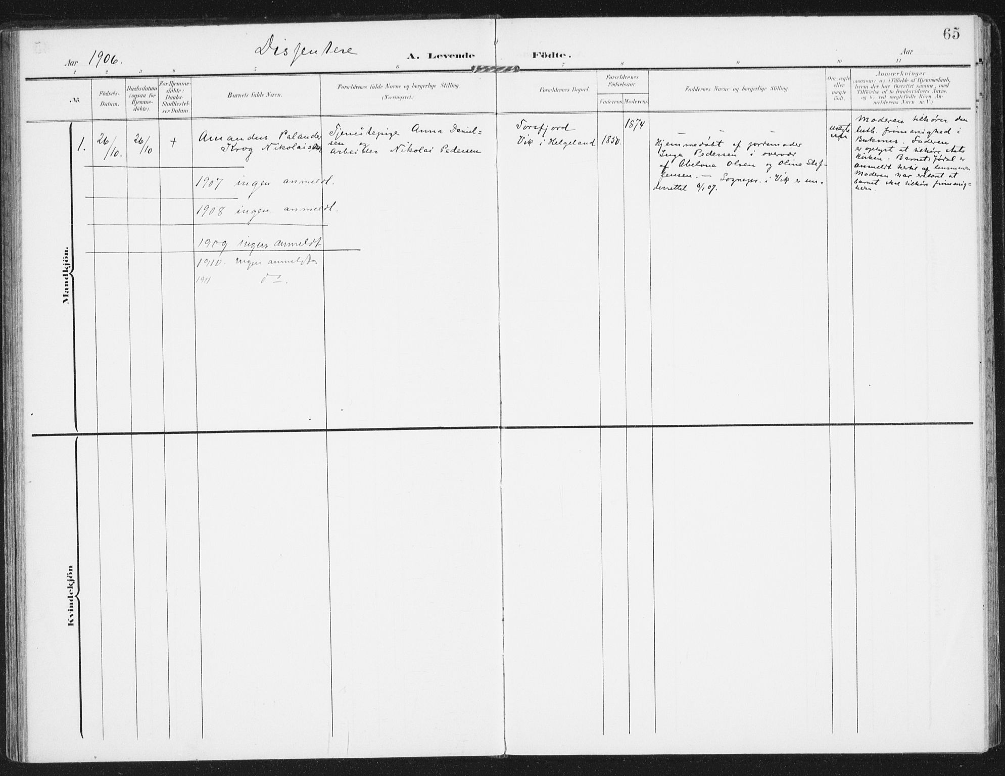 Ministerialprotokoller, klokkerbøker og fødselsregistre - Nordland, SAT/A-1459/885/L1206: Ministerialbok nr. 885A07, 1905-1915, s. 65