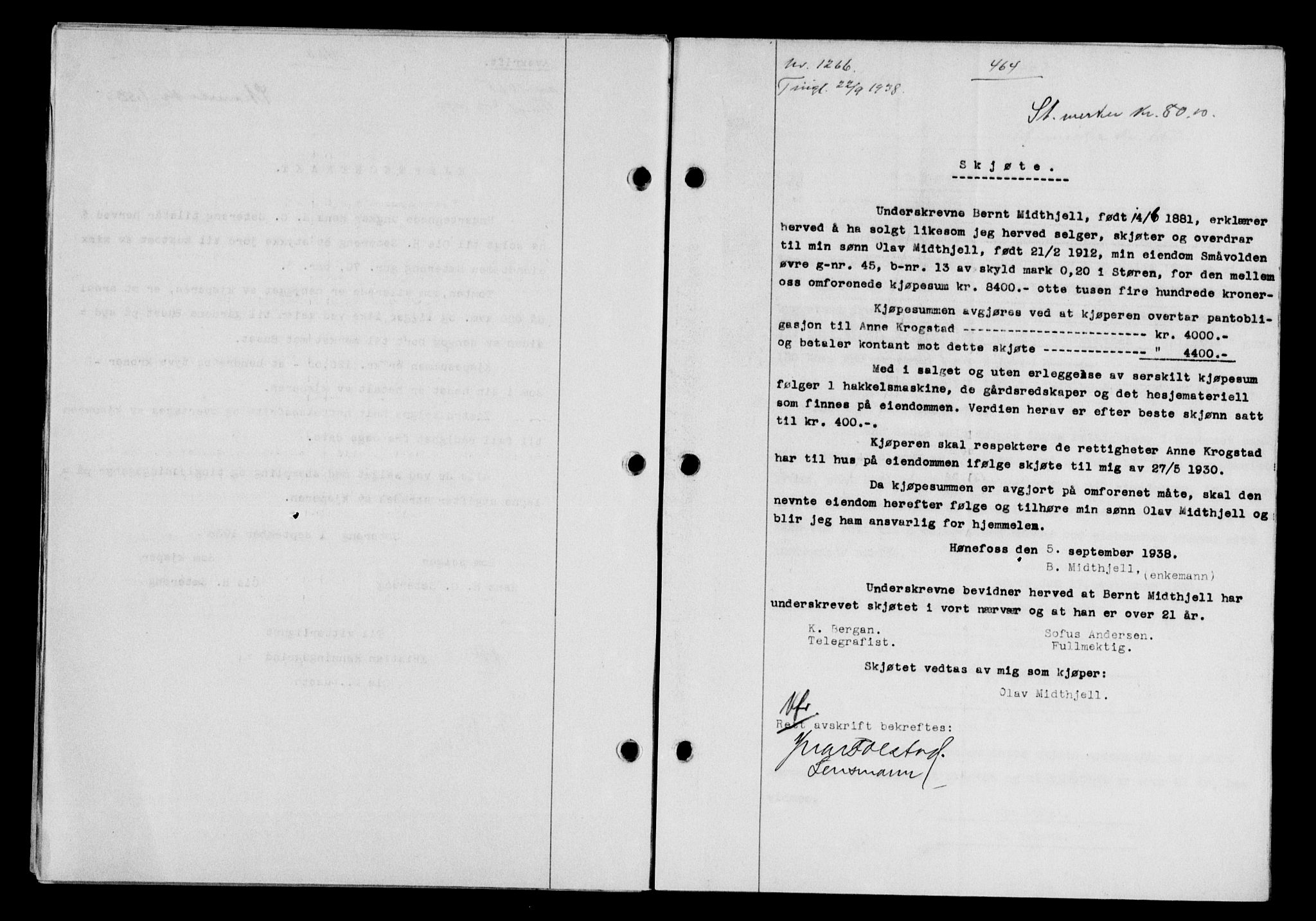 Gauldal sorenskriveri, SAT/A-0014/1/2/2C/L0049: Pantebok nr. 53, 1938-1938, Dagboknr: 1266/1938