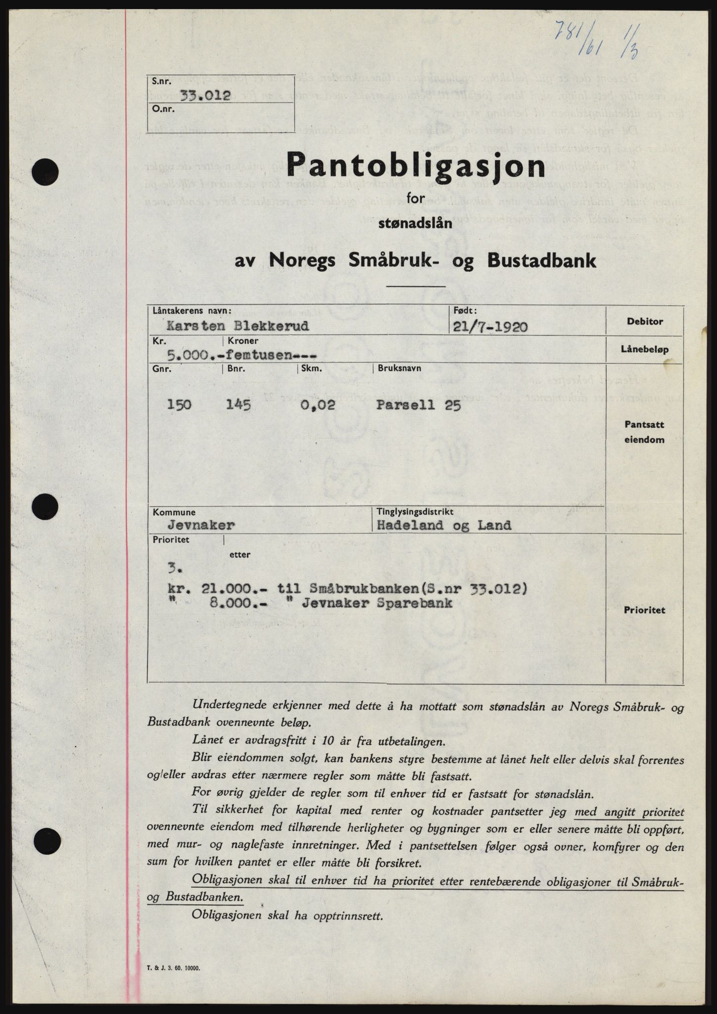 Hadeland og Land tingrett, SAH/TING-010/H/Hb/Hbc/L0045: Pantebok nr. B45, 1961-1961, Dagboknr: 781/1961