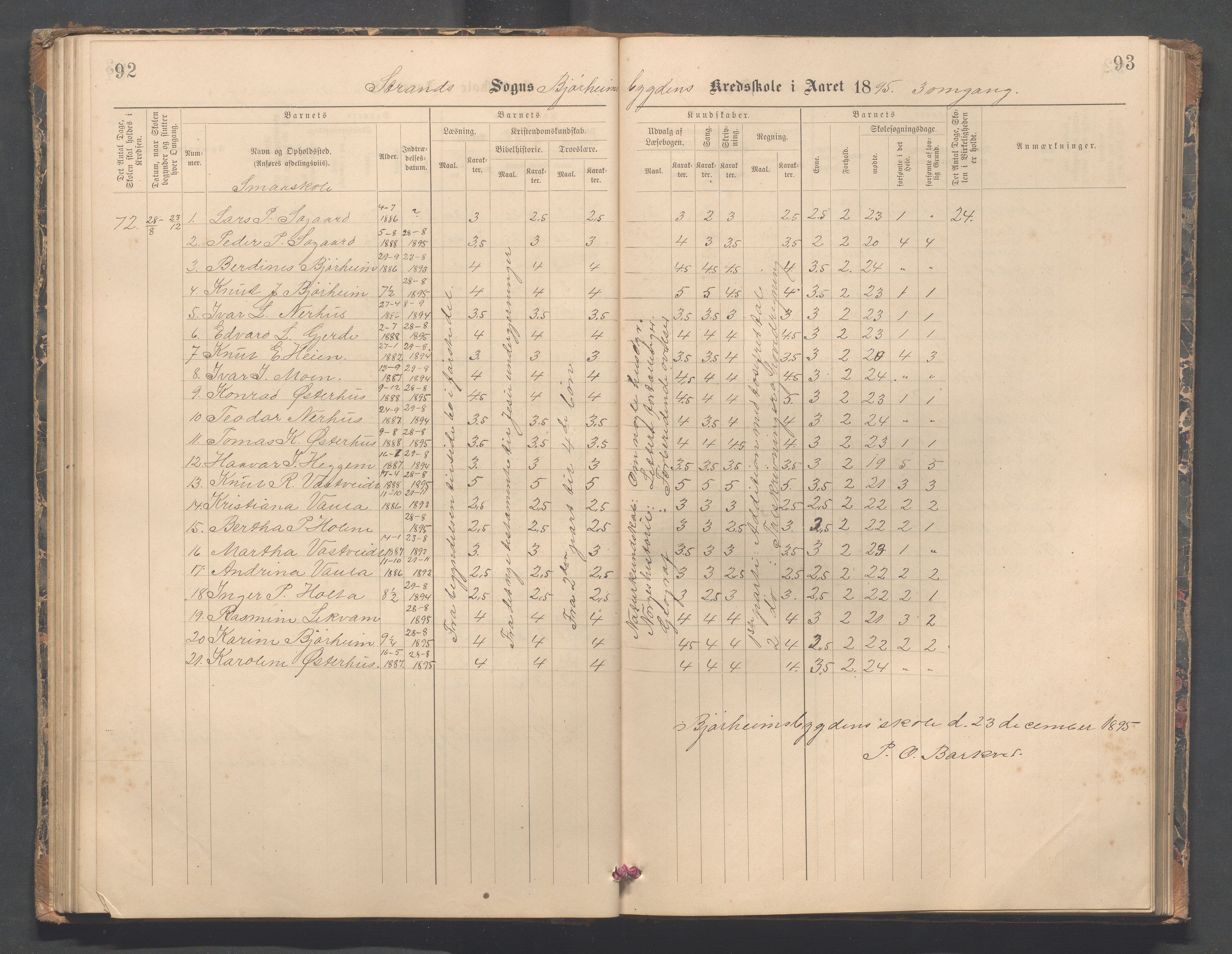 Strand kommune - Bjørheimsbygd skole, IKAR/A-147/H/L0002: Skoleprotokoll for Bjørheimsbygd og Lekvam krets, 1891-1907, s. 92-93