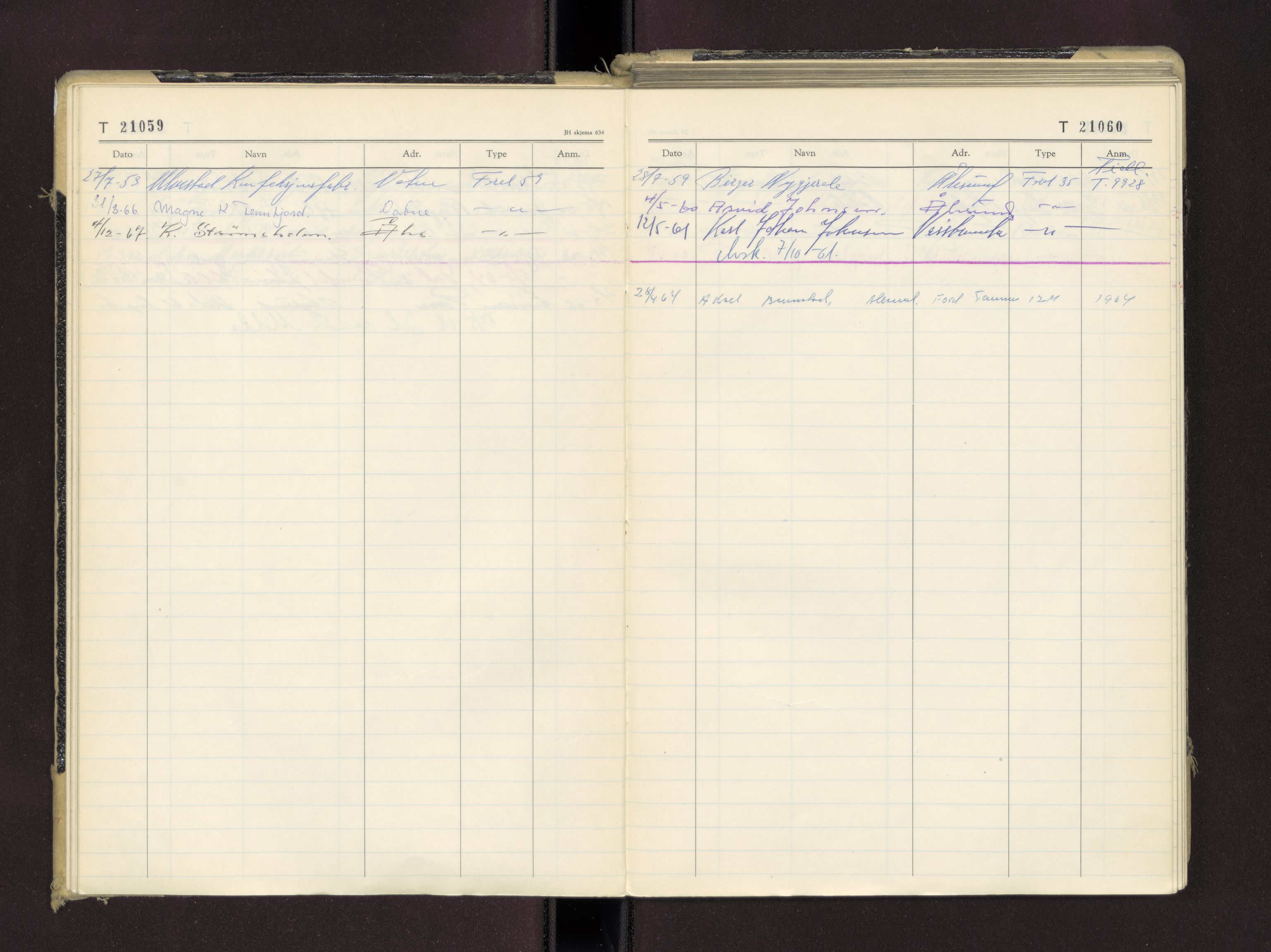 Møre og Romsdal vegkontor - Ålesund trafikkstasjon, AV/SAT-A-4099/F/Fc/L0016: Bilregister; T 21000 - T 21499, 1955-1970