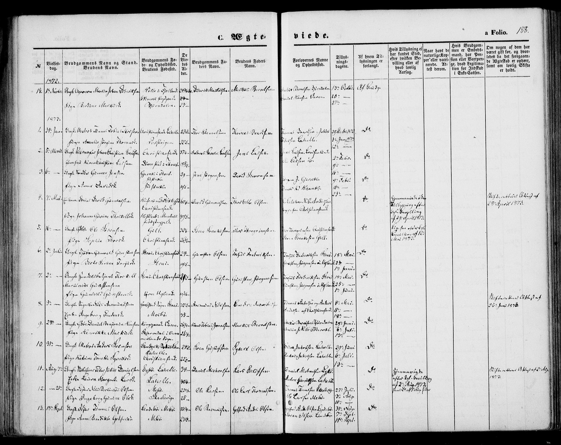 Oddernes sokneprestkontor, SAK/1111-0033/F/Fa/Faa/L0008: Ministerialbok nr. A 8, 1864-1880, s. 188