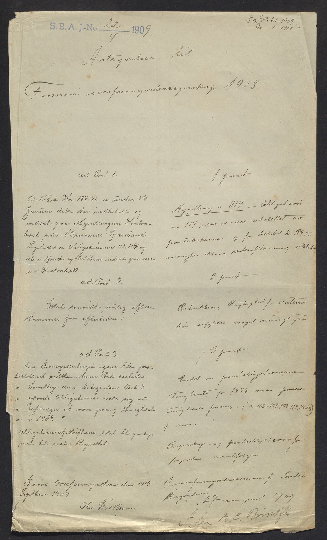 Finnaas kommune. Overformynderiet, IKAH/1218a-812/R/Ra/Raa/L0008/0002: Årlege rekneskap m/vedlegg / Årlege rekneskap m/vedlegg, 1908