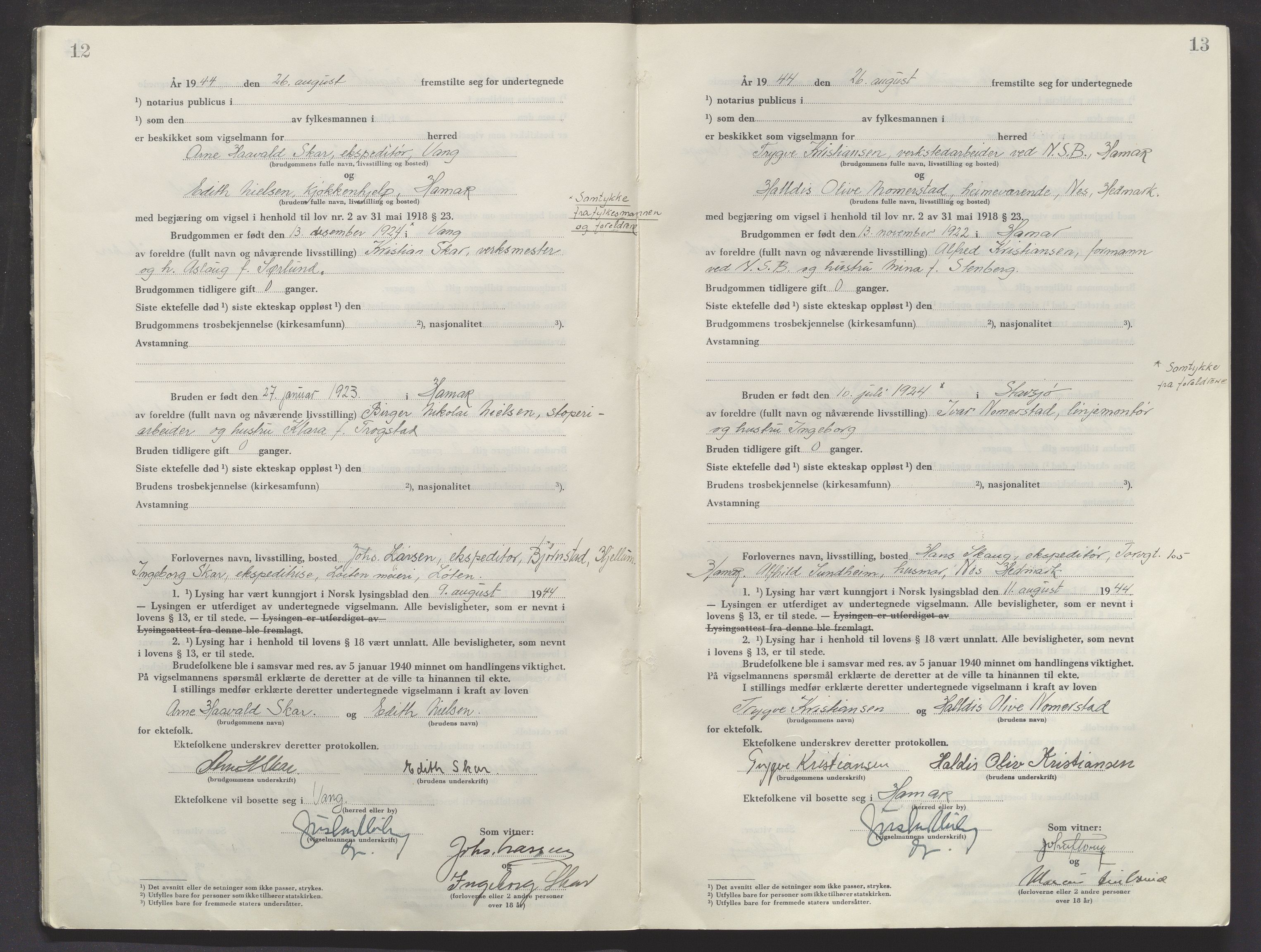 Sør-Hedmark sorenskriveri, AV/SAH-TING-014/L/Le/L0002/0001: Vigselsbøker / Vigselbok, 1944-1945, s. 12-13