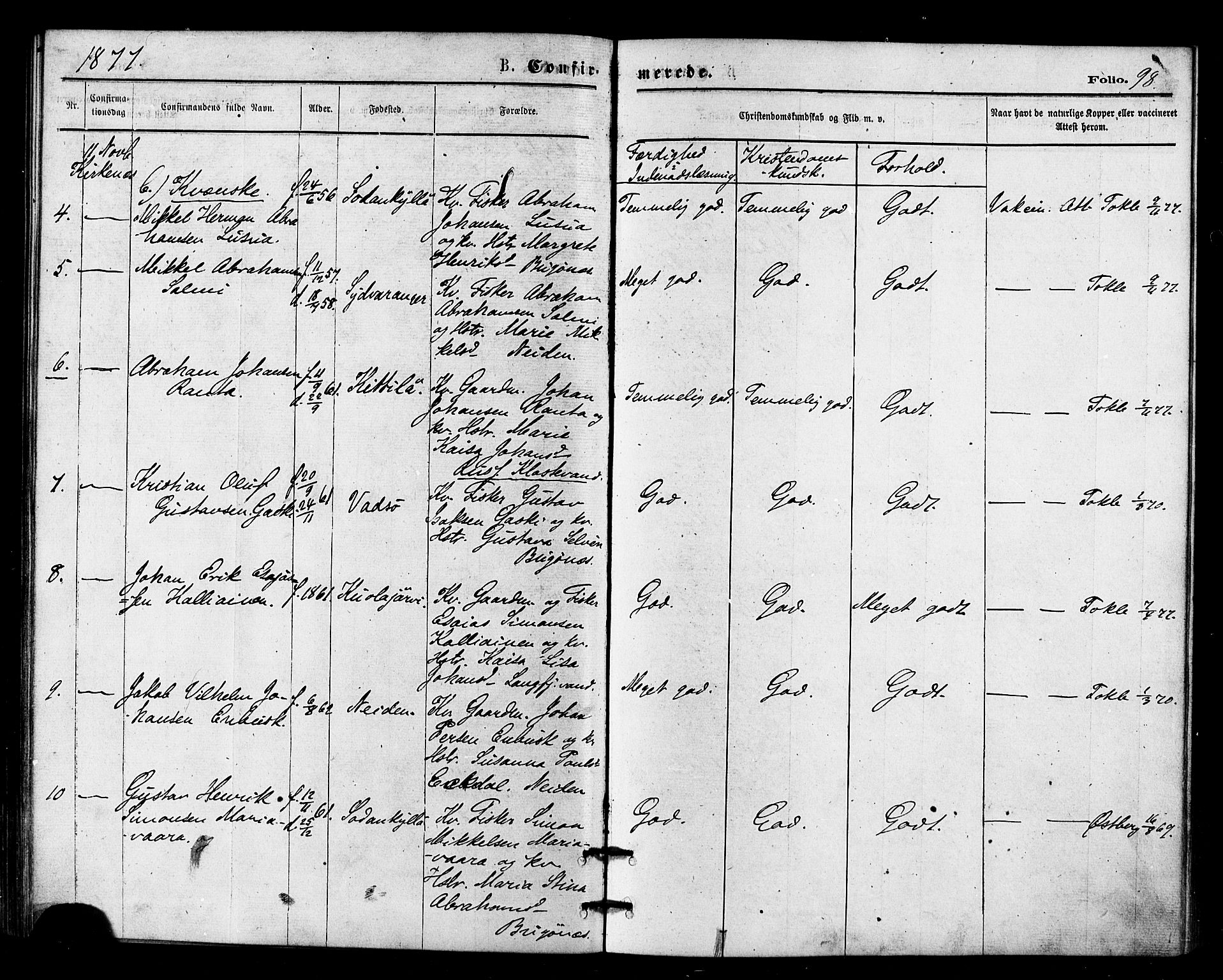 Sør-Varanger sokneprestkontor, AV/SATØ-S-1331/H/Ha/L0002kirke: Ministerialbok nr. 2, 1873-1877, s. 98