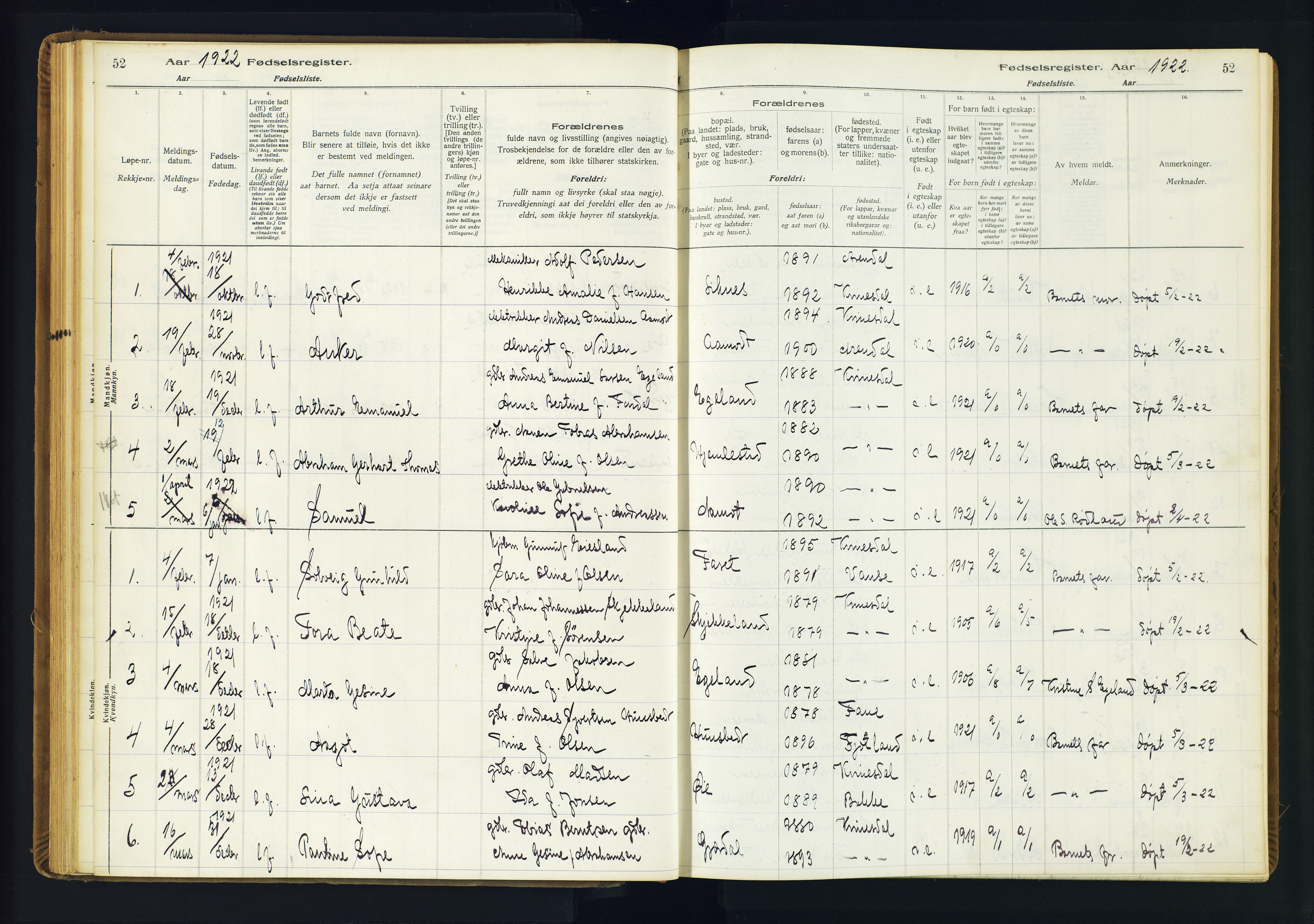 Kvinesdal sokneprestkontor, SAK/1111-0026/J/Ja/L0001: Fødselsregister nr. 1, 1916-1941, s. 52