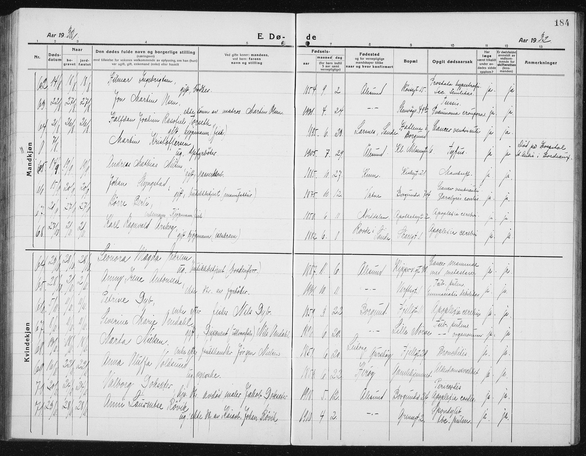 Ministerialprotokoller, klokkerbøker og fødselsregistre - Møre og Romsdal, AV/SAT-A-1454/529/L0474: Klokkerbok nr. 529C11, 1918-1938, s. 184