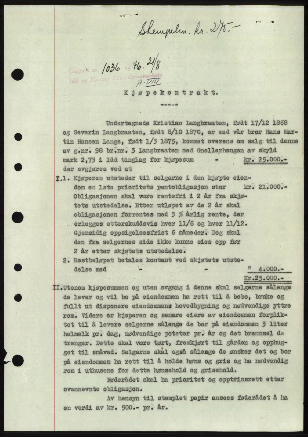 Idd og Marker sorenskriveri, SAO/A-10283/G/Gb/Gbb/L0008: Pantebok nr. A8, 1946-1946, Dagboknr: 1036/1946