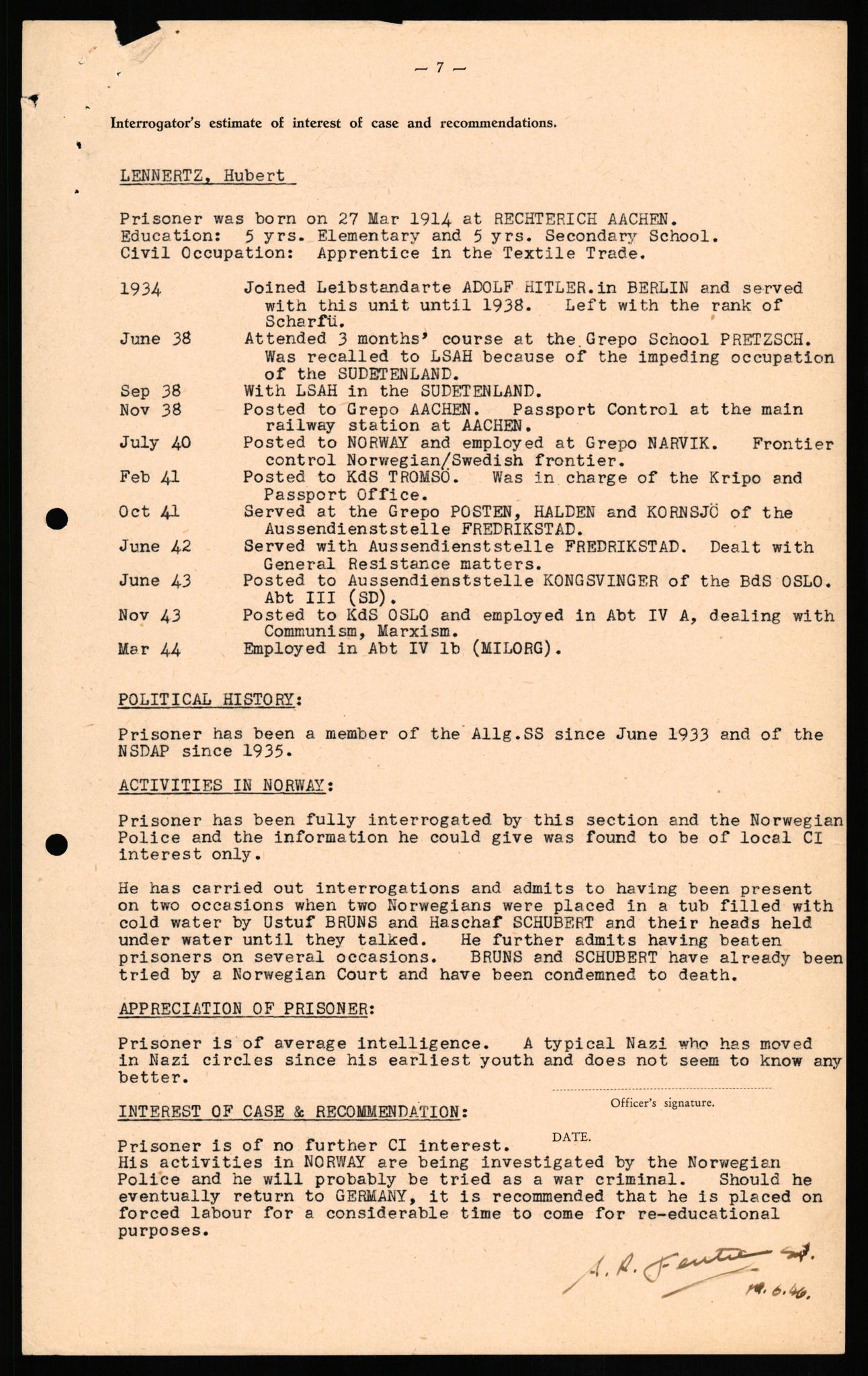 Forsvaret, Forsvarets overkommando II, AV/RA-RAFA-3915/D/Db/L0020: CI Questionaires. Tyske okkupasjonsstyrker i Norge. Tyskere., 1945-1946, s. 97