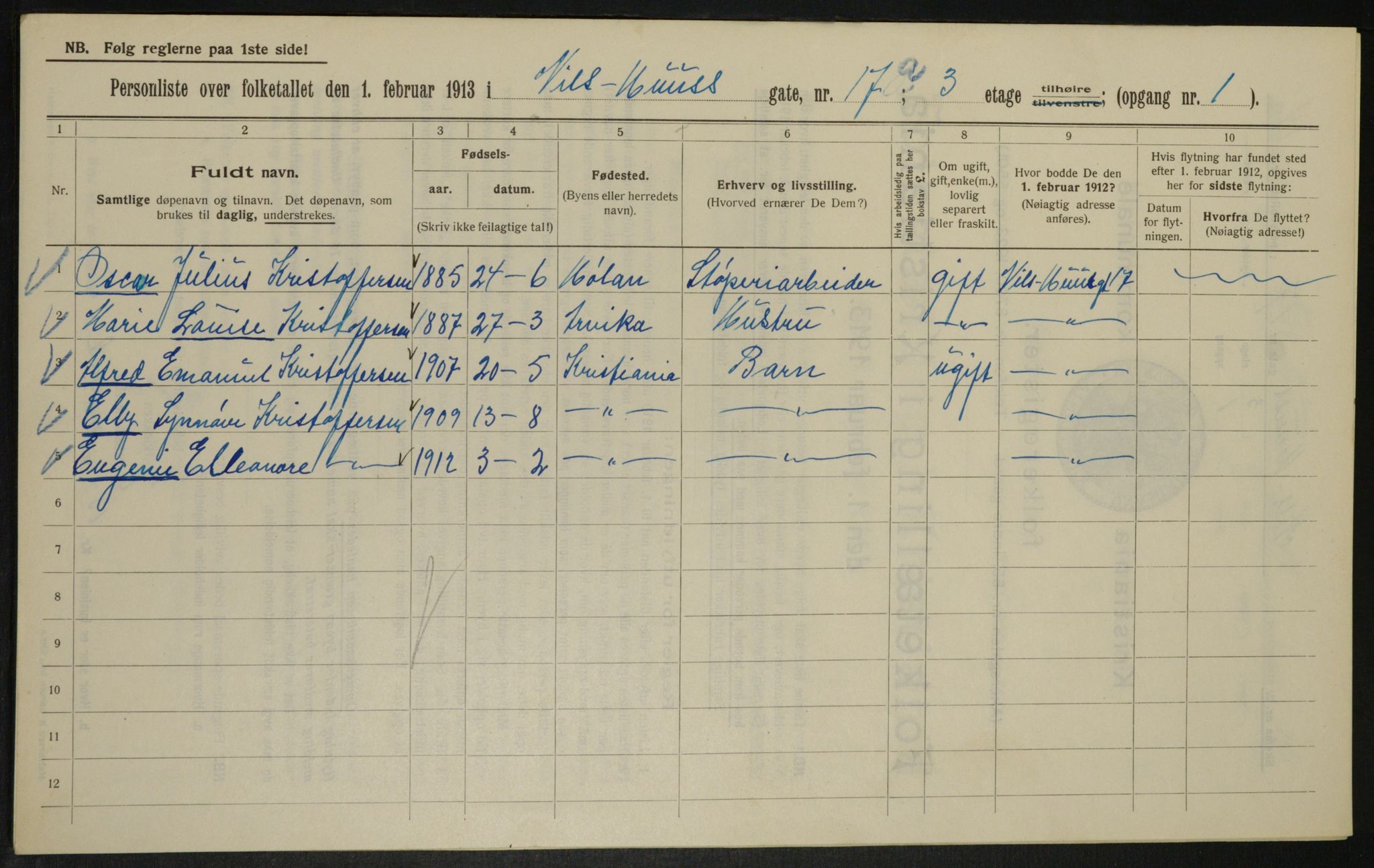 OBA, Kommunal folketelling 1.2.1913 for Kristiania, 1913, s. 71015